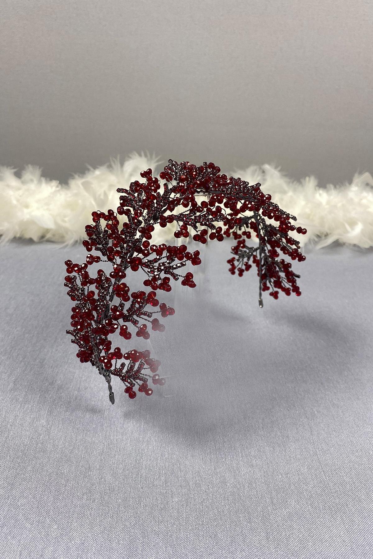 Bordo Arden Kristal Boncuklu Saç Bandı ve Gelin Kına Tacı