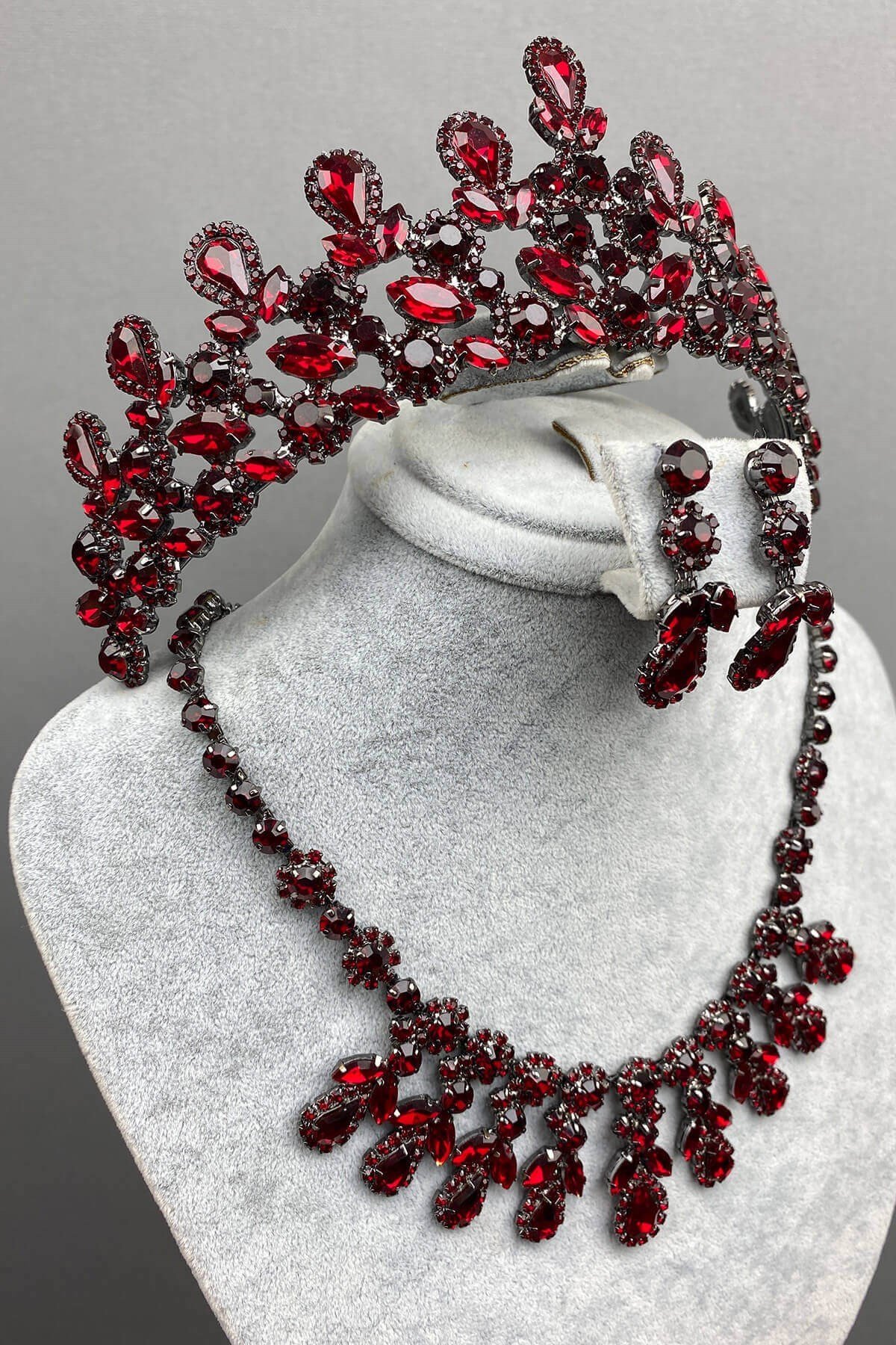 Bordo Beety Gelin Kına Tacı Kolye Küpe Seti