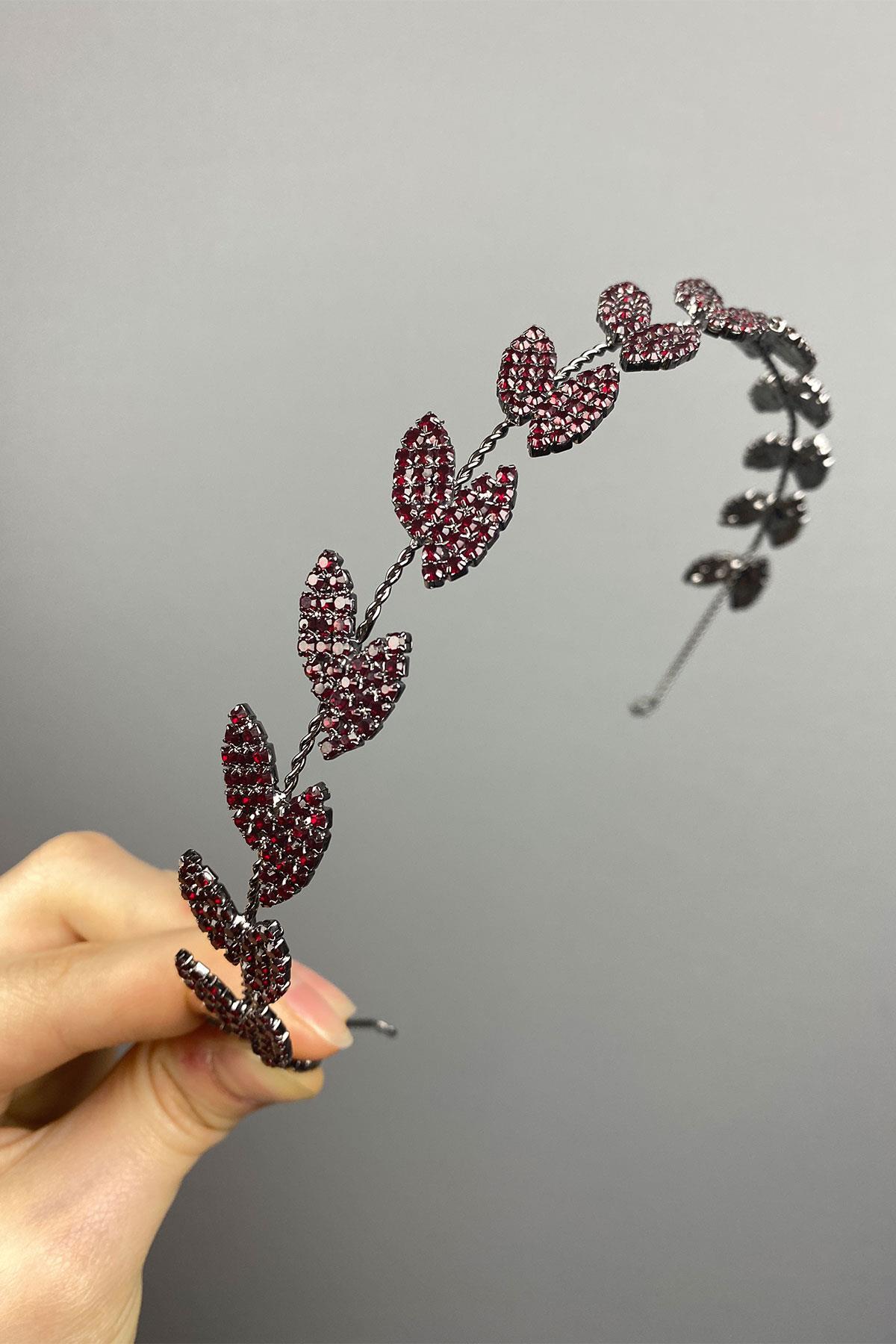 Bordo Bella Yapraklı Saç Bandı Gelin Aksesuarı