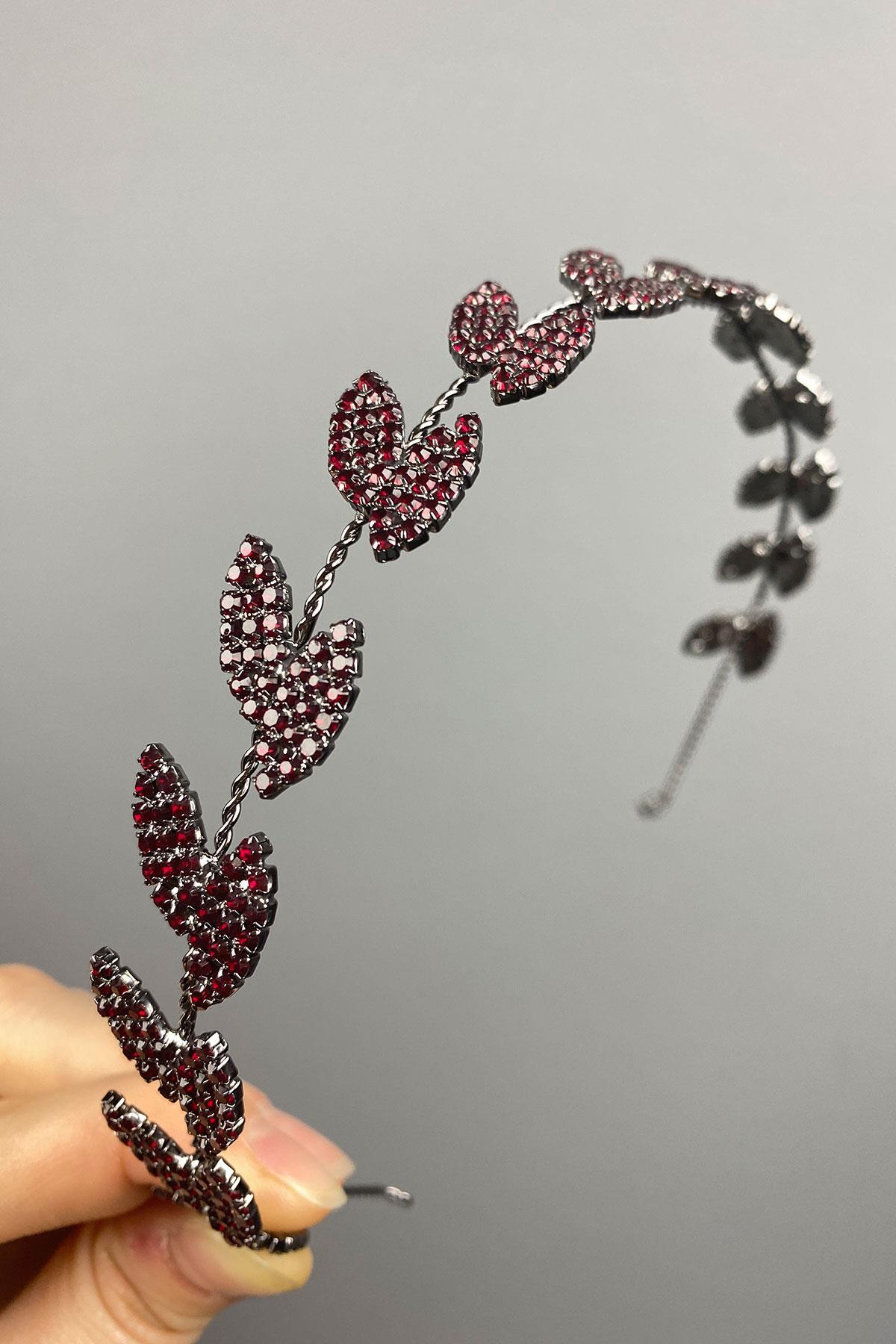Bordo Bella Yapraklı Saç Bandı Gelin Aksesuarı