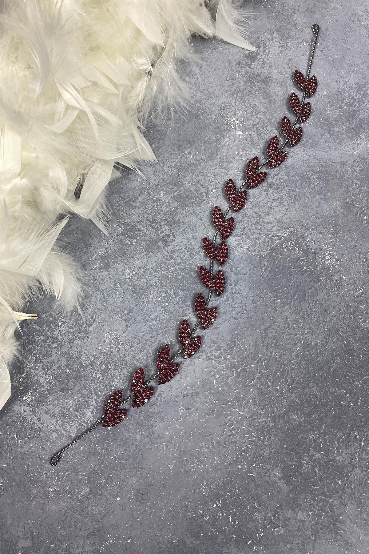 Bordo Bella Yapraklı Saç Bandı Gelin Aksesuarı