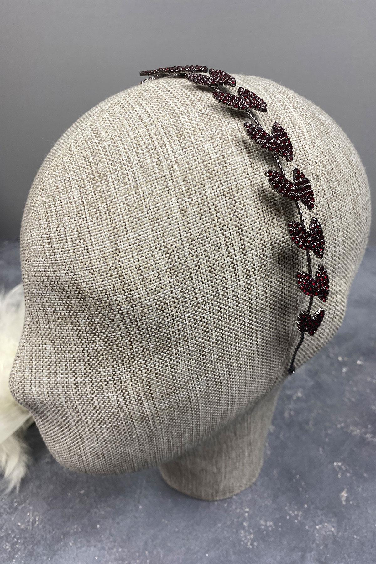 Bordo Bella Yapraklı Saç Bandı Gelin Aksesuarı