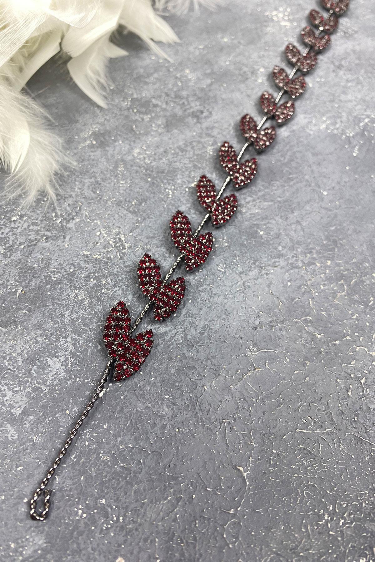 Bordo Bella Yapraklı Saç Bandı Gelin Aksesuarı