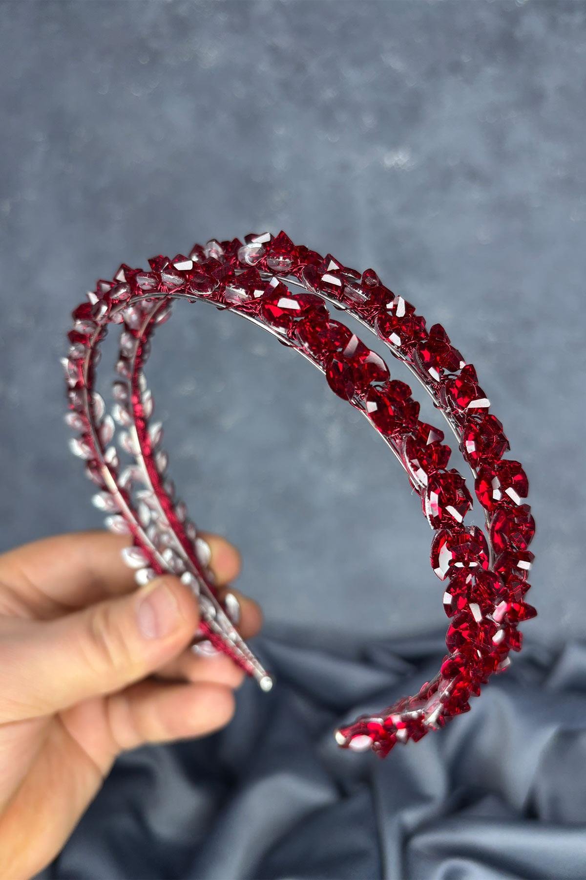 Bordo Çift Sıralı Taşlı Lea Gelin Saç Aksesuarı Gelin Kına Tacı