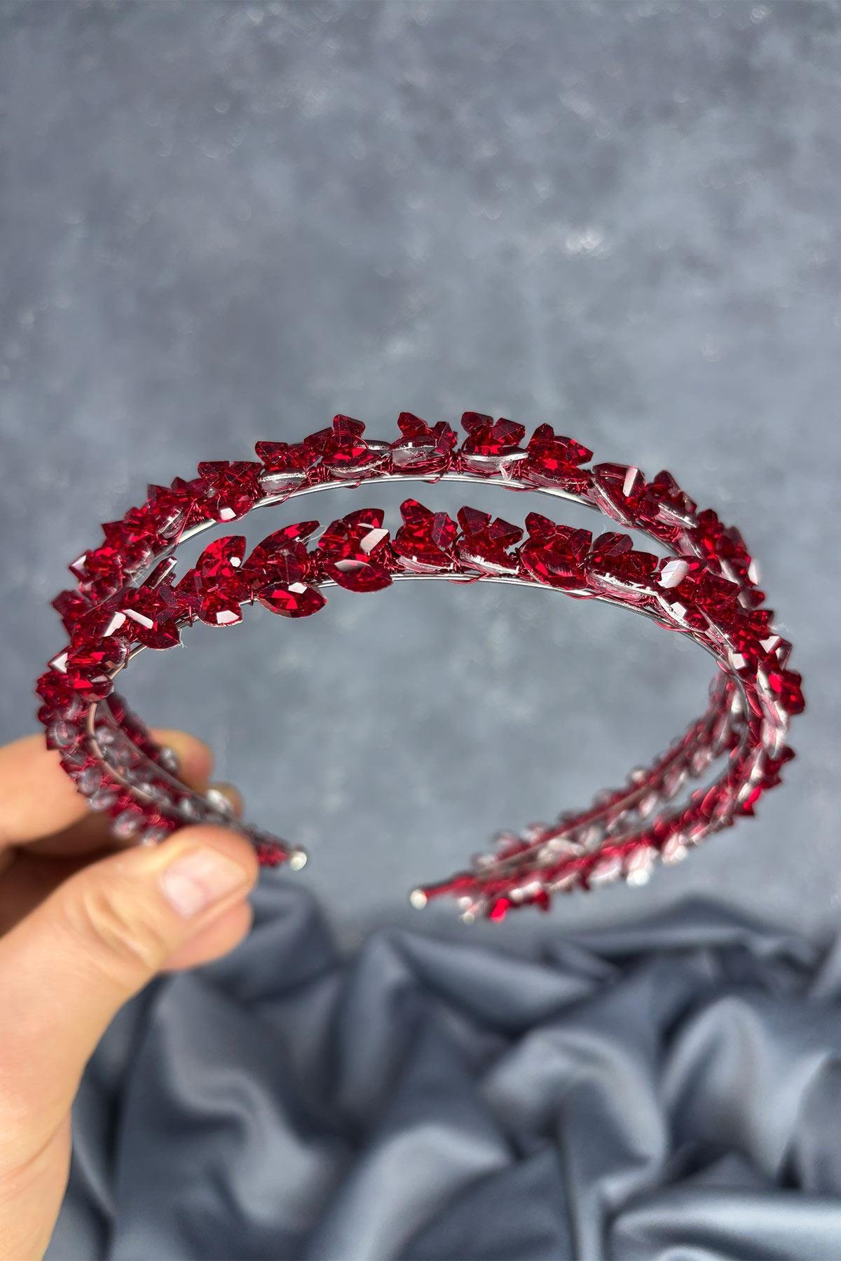Bordo Çift Sıralı Taşlı Lea Gelin Saç Aksesuarı Gelin Kına Tacı