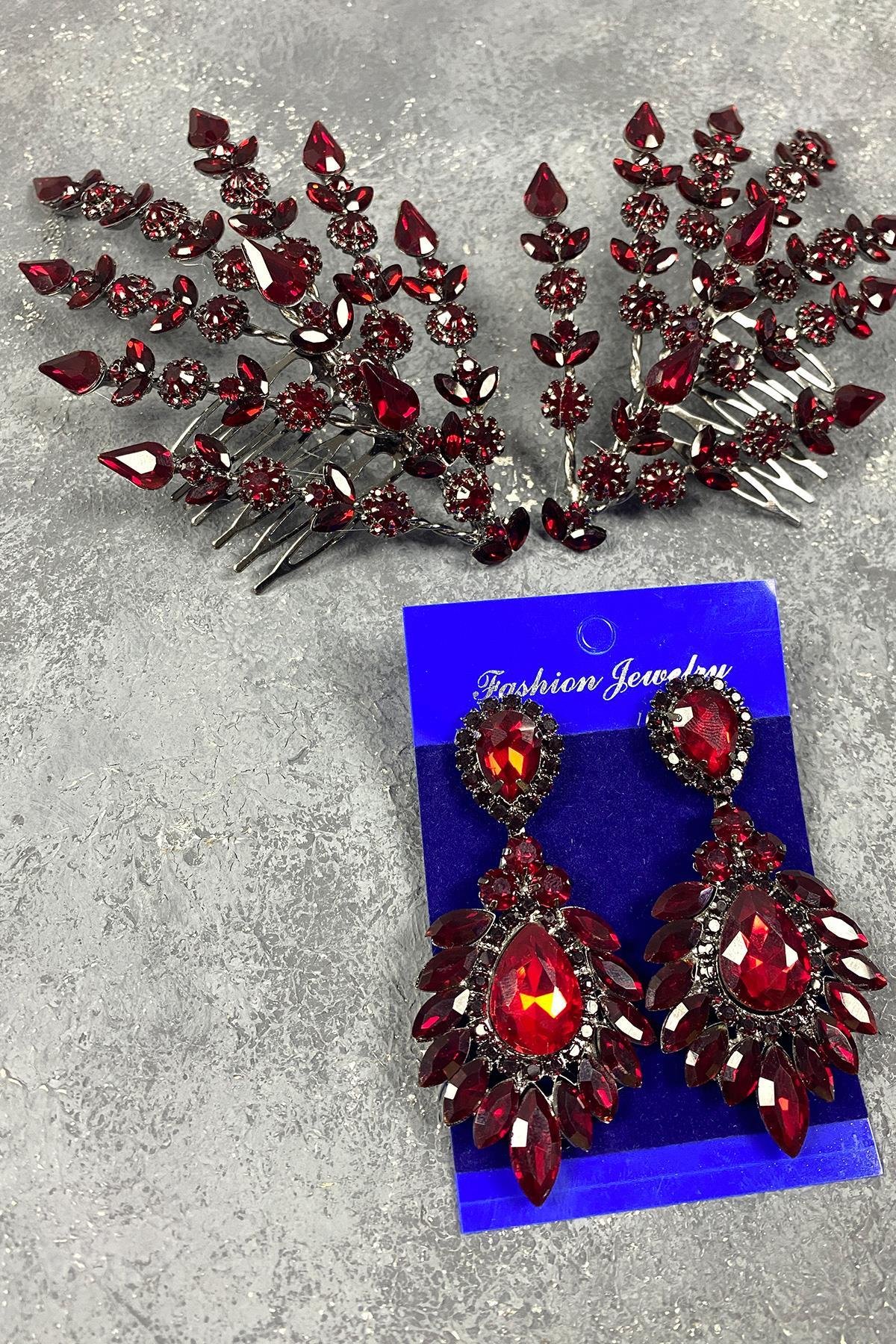 Bordo Çift Tarafli Helenist Gelin Saç Aksesuarı Ve Mekik Küpe Seti