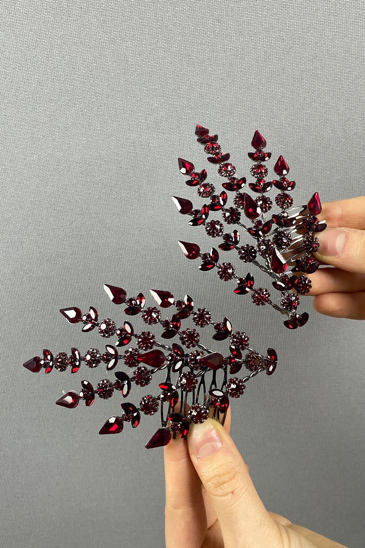Bordo Çift Tarafli Helenist Gelin Saç Aksesuarı