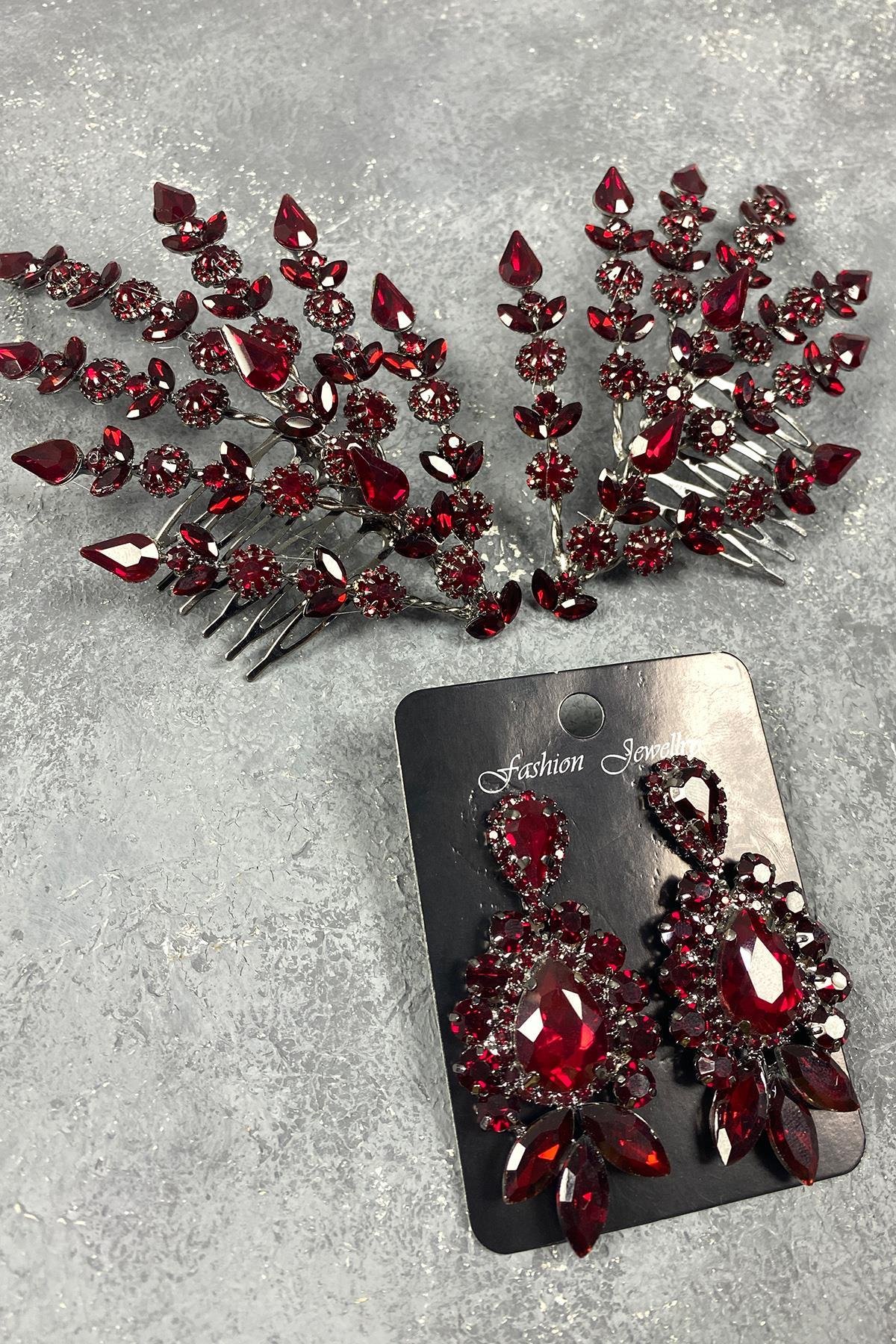 Bordo Çift Tarafli Helenist Gelin Saç Aksesuarı Ve Taşlı Abiye Küpe