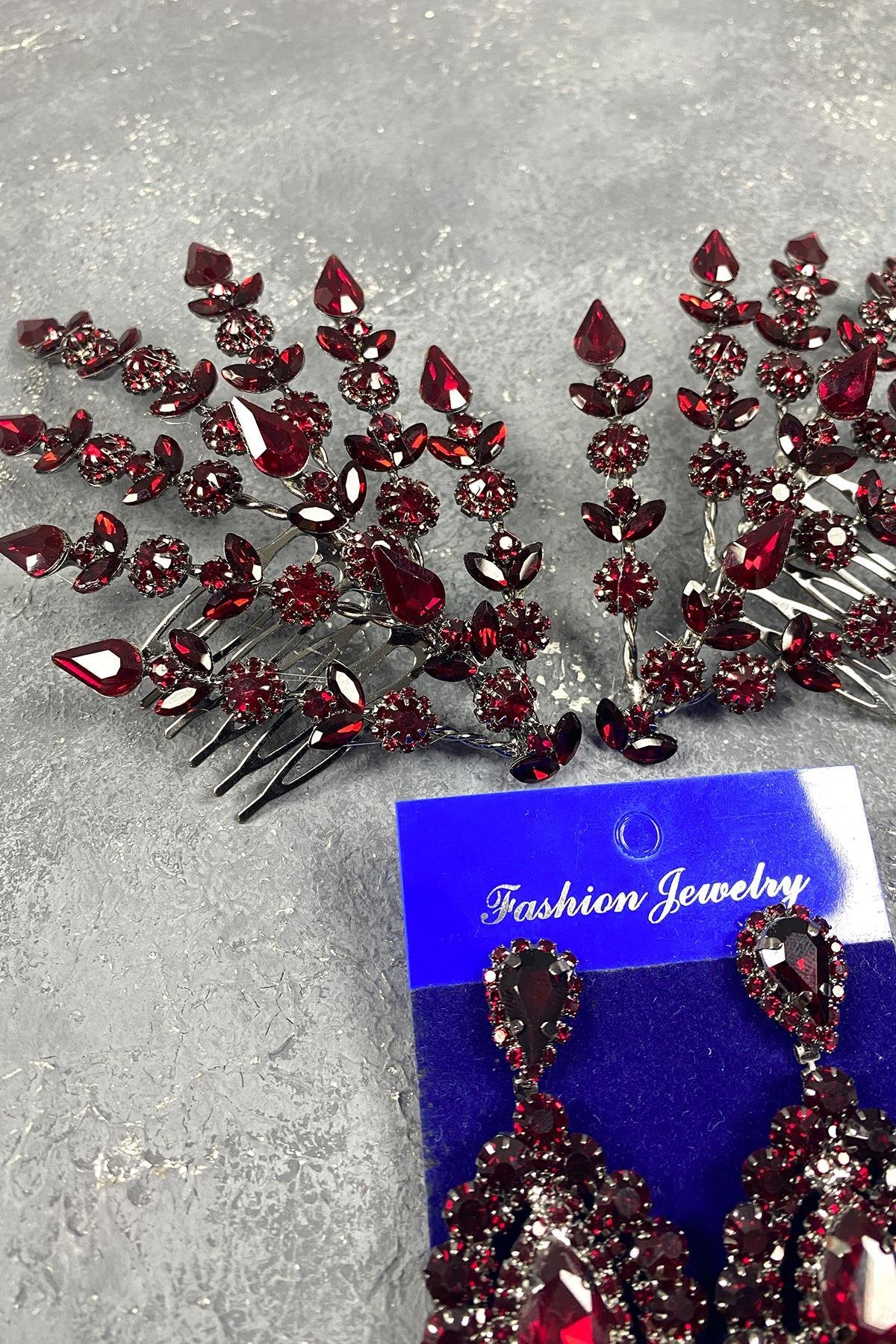 Bordo Çift Tarafli Helenist Gelin Saç Aksesuarı Ve Taşlı Küpe