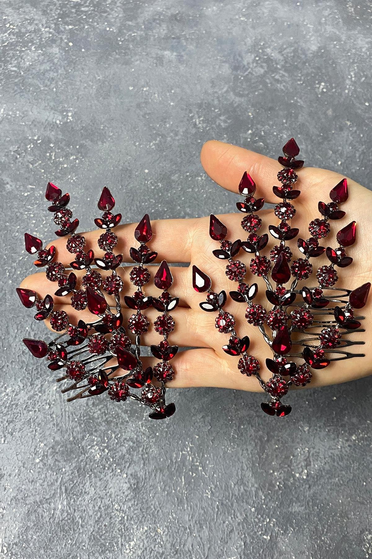 Bordo Çift Tarafli Helenist Gelin Saç Aksesuarı
