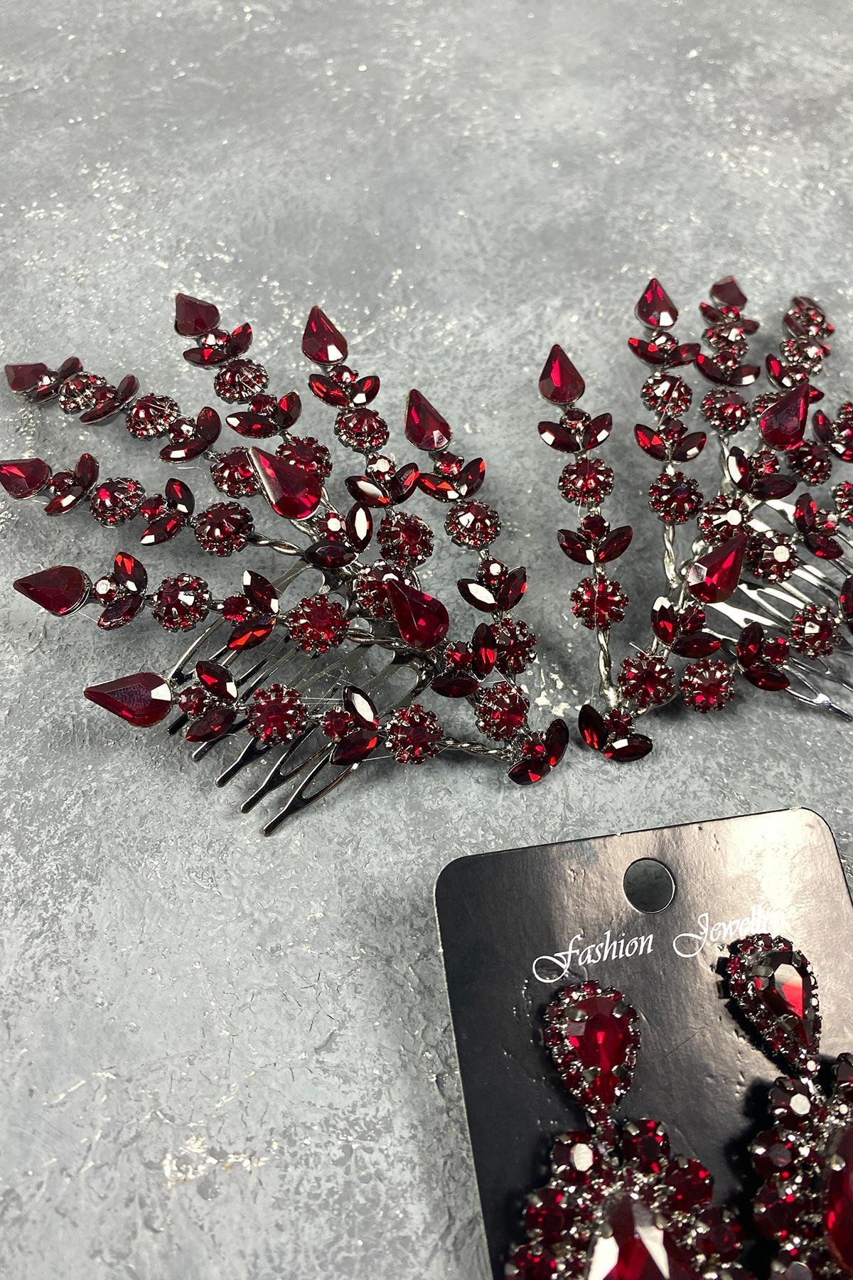 Bordo Çift Tarafli Helenist Gelin Saç Aksesuarı Ve Taşlı Abiye Küpe