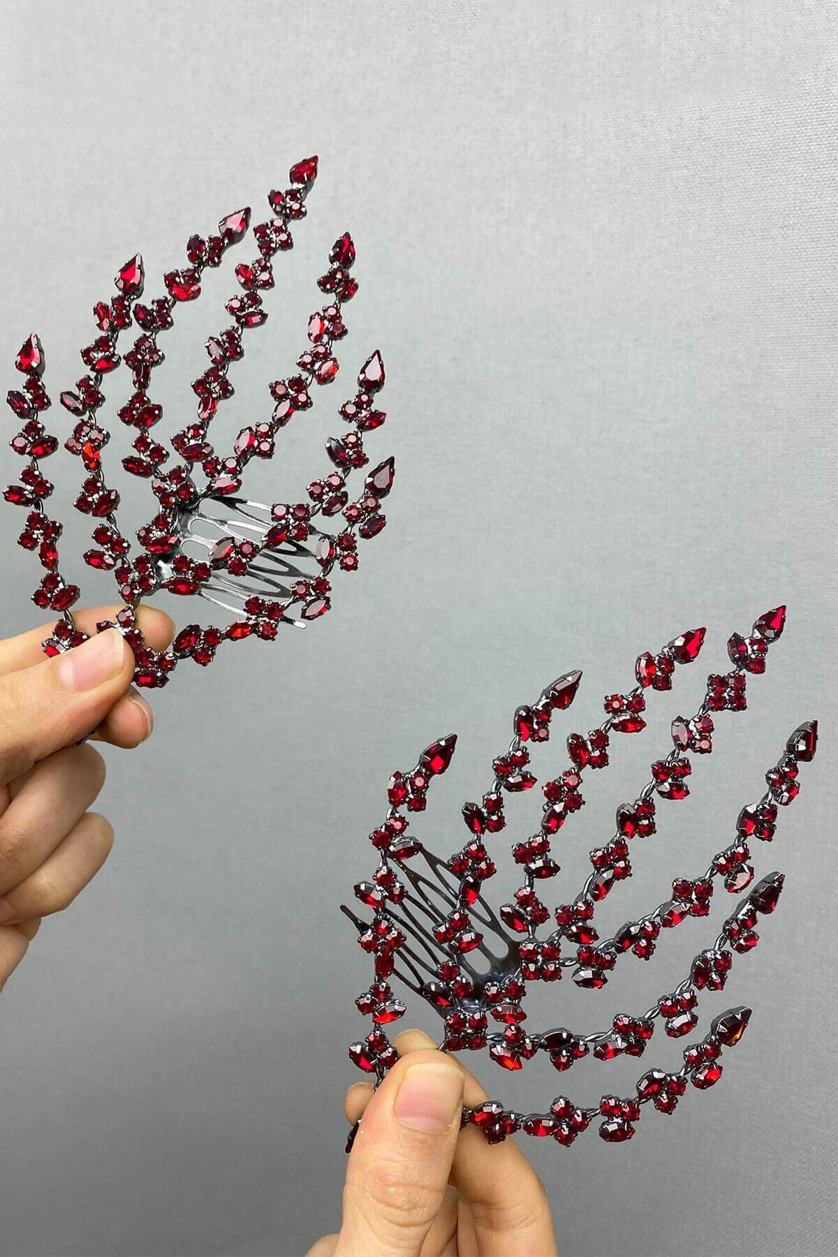 Bordo Çift Taraflı Yaprak Desenli Saç Aksesuarı Kına Tacı