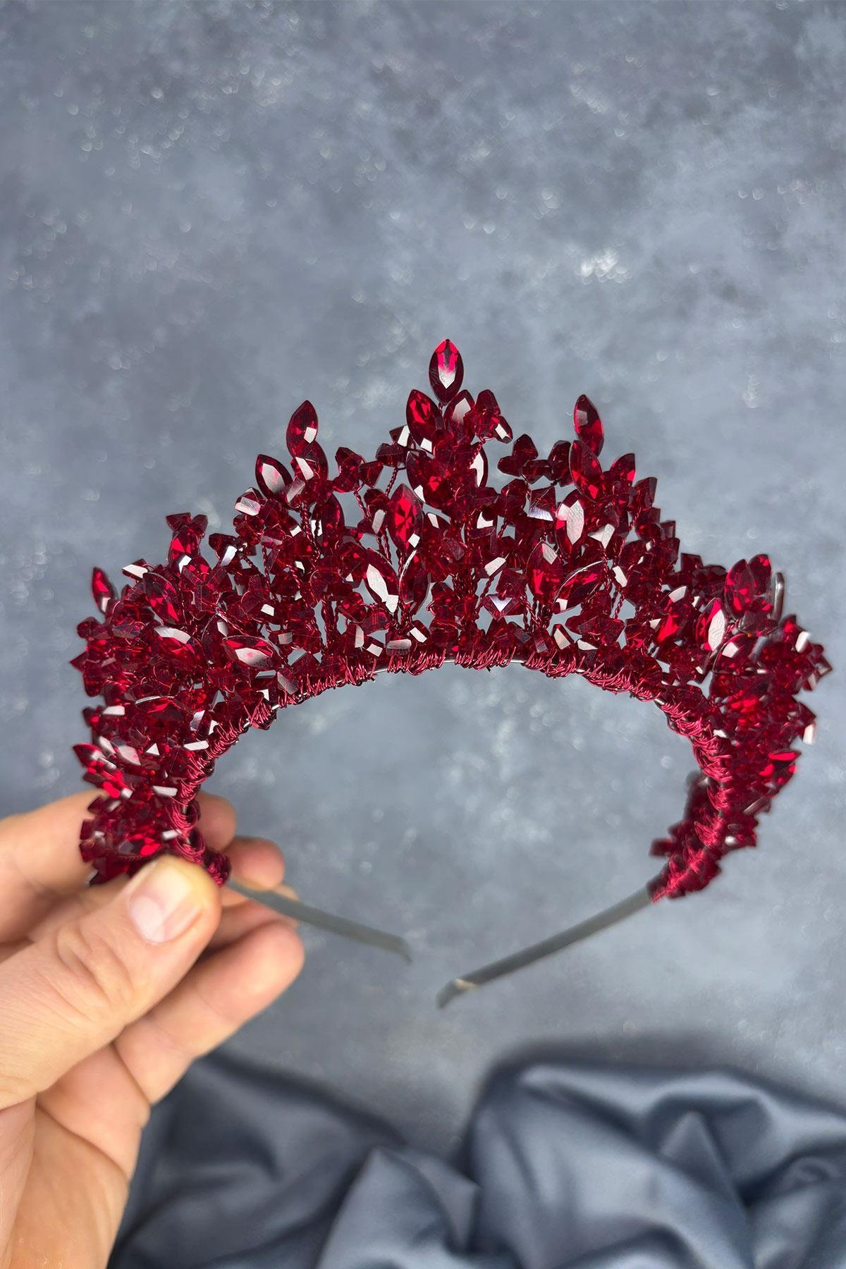 Bordo Doğa Boncuklu Gelin Kına Tacı Gelin Saç Aksesuarı