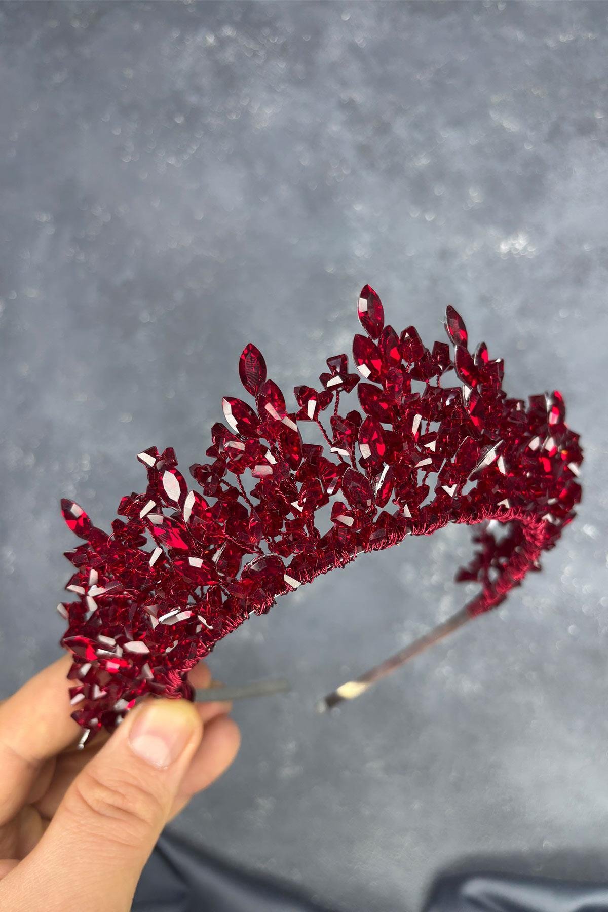 Bordo Doğa Boncuklu Gelin Kına Tacı Gelin Saç Aksesuarı