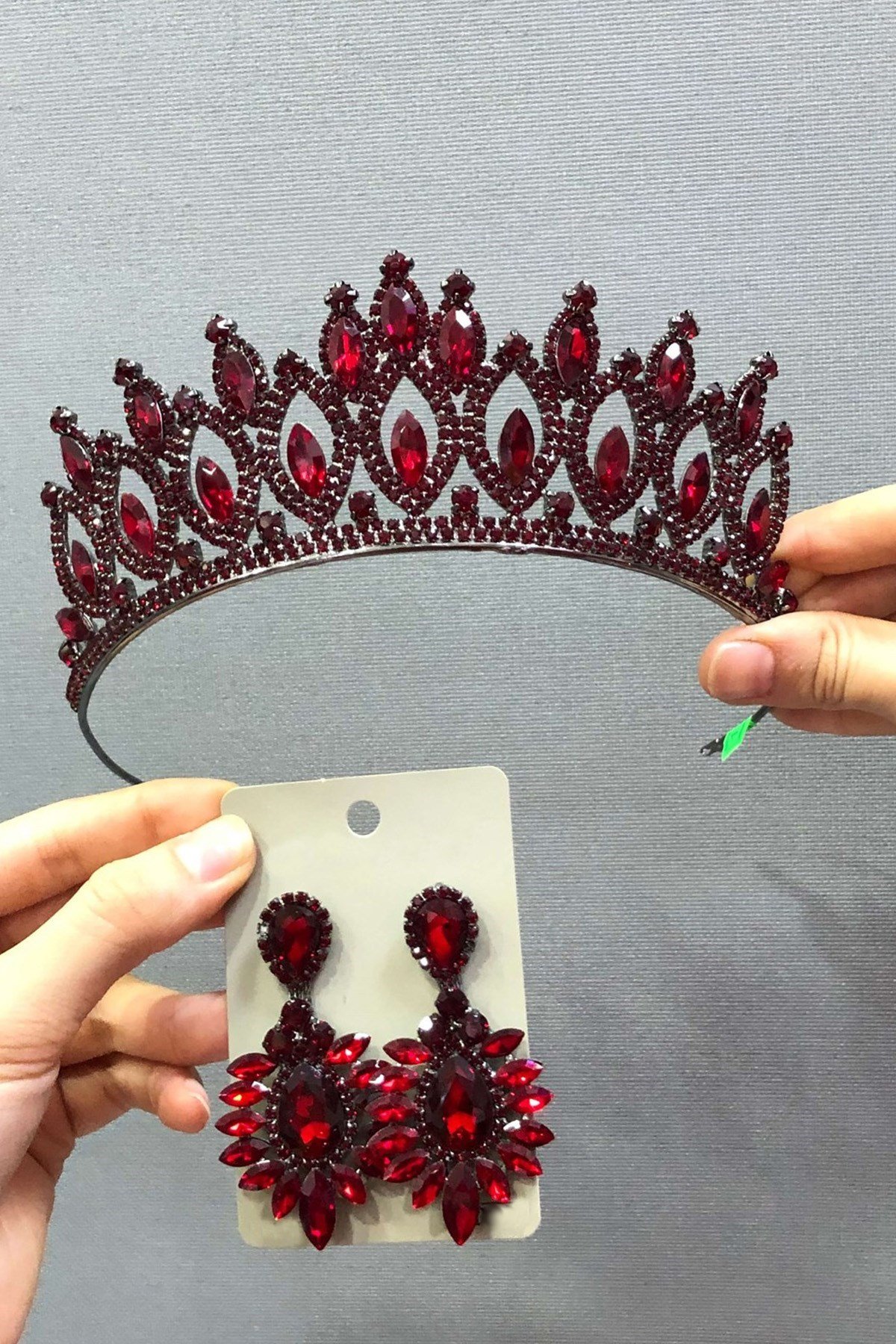 Bordo Gelin Tacı ve Küpe Seti