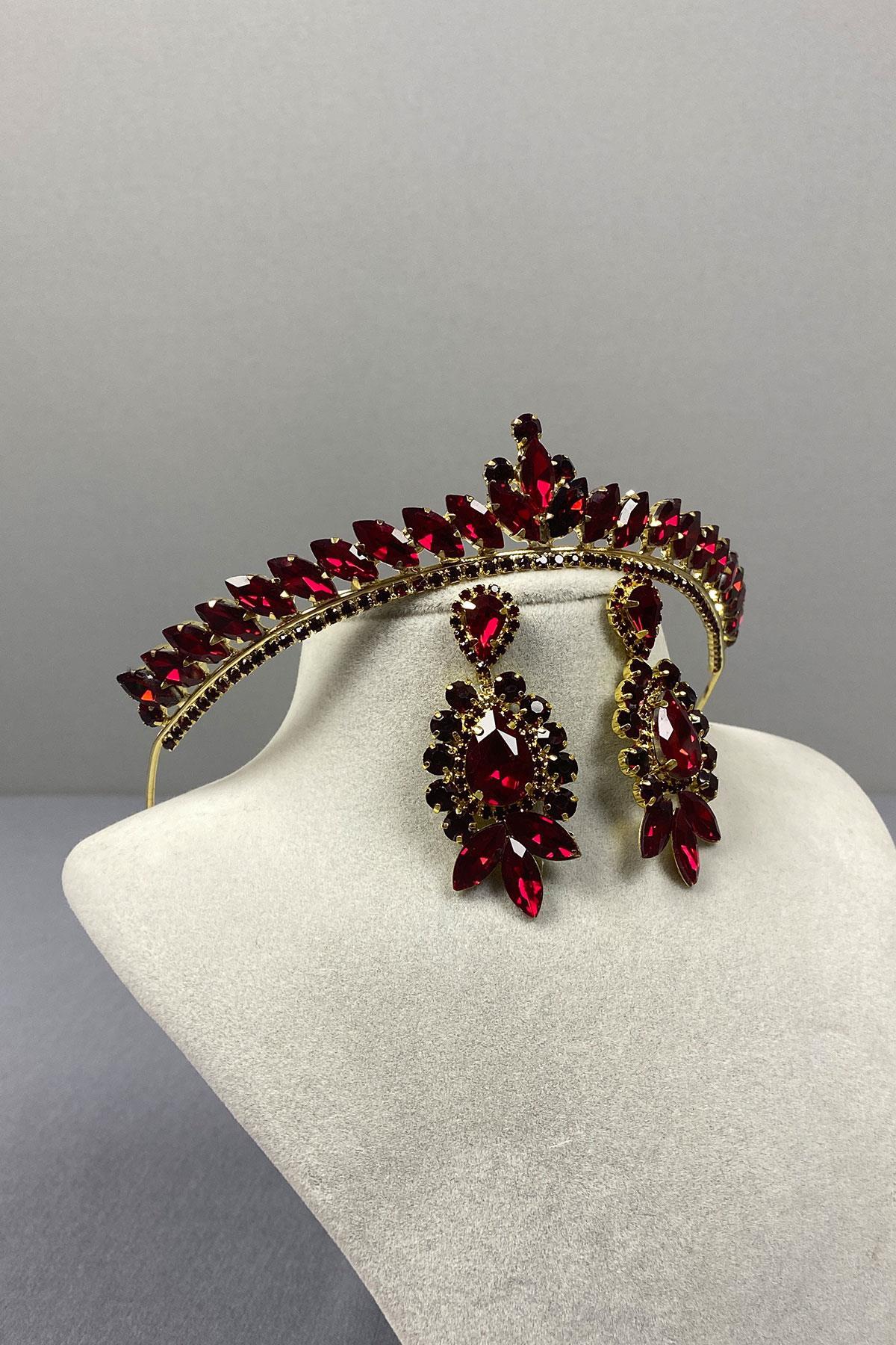 Bordo Gold Ece Gelin Kına Tacı Ve Damla Taşlı Küpe Seti