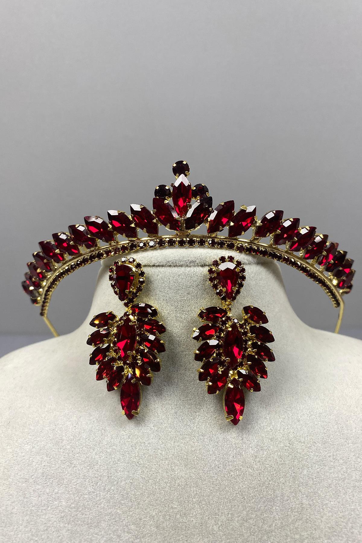 Bordo Gold Ece Gelin Kına Tacı Ve İnce Mekik Taşlı Küpe Seti