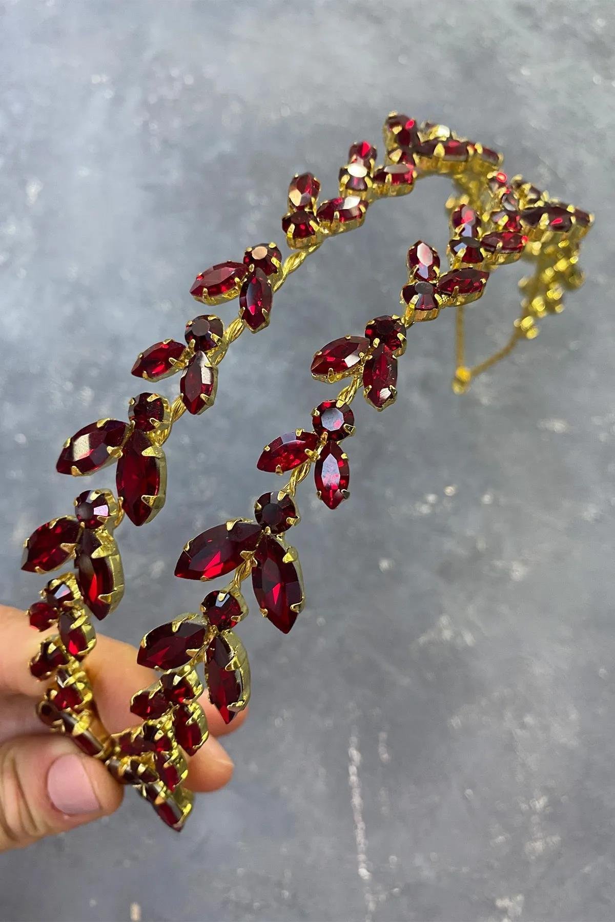 Bordo Gold Zemin Alfa Mekik Cam Kristal Taşlı Gelin Kına Tacı