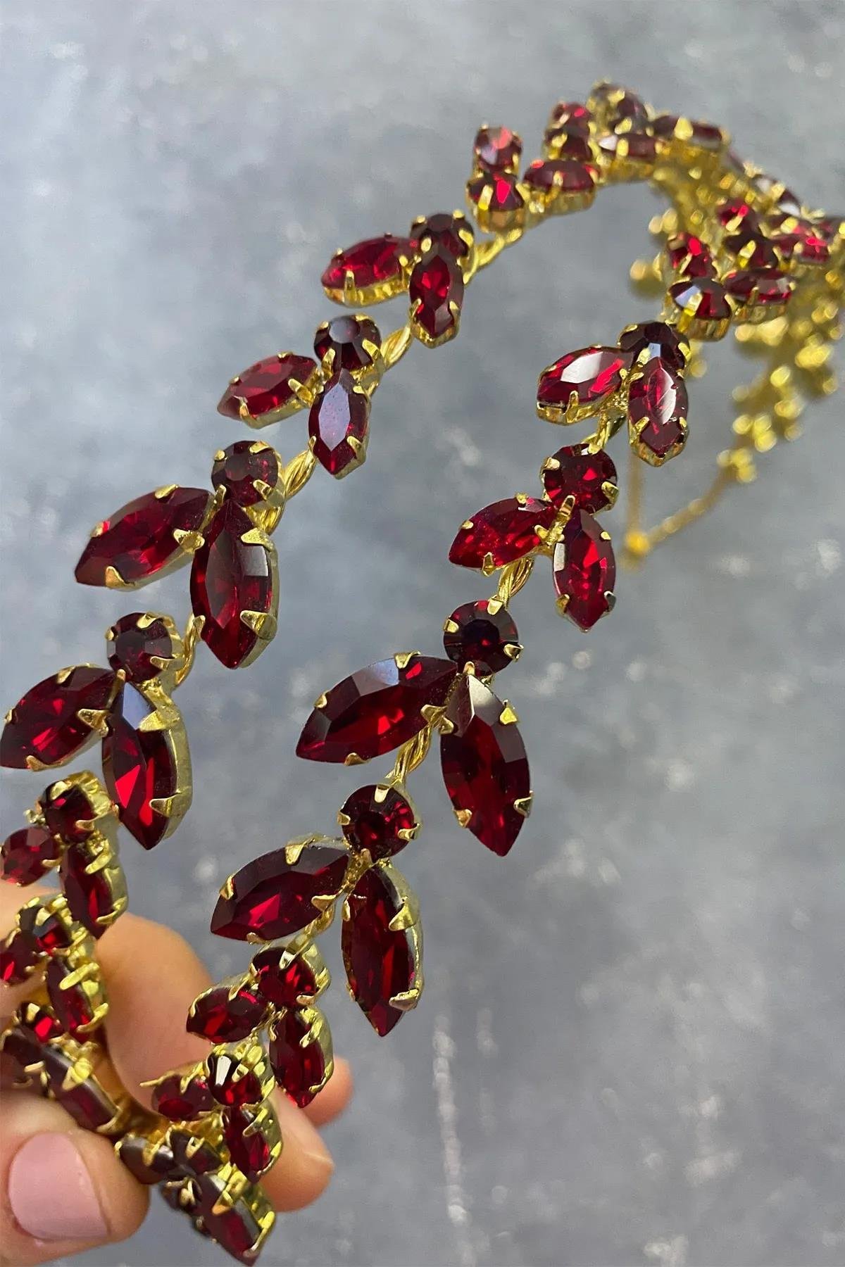 Bordo Gold Zemin Alfa Mekik Cam Kristal Taşlı Gelin Kına Tacı