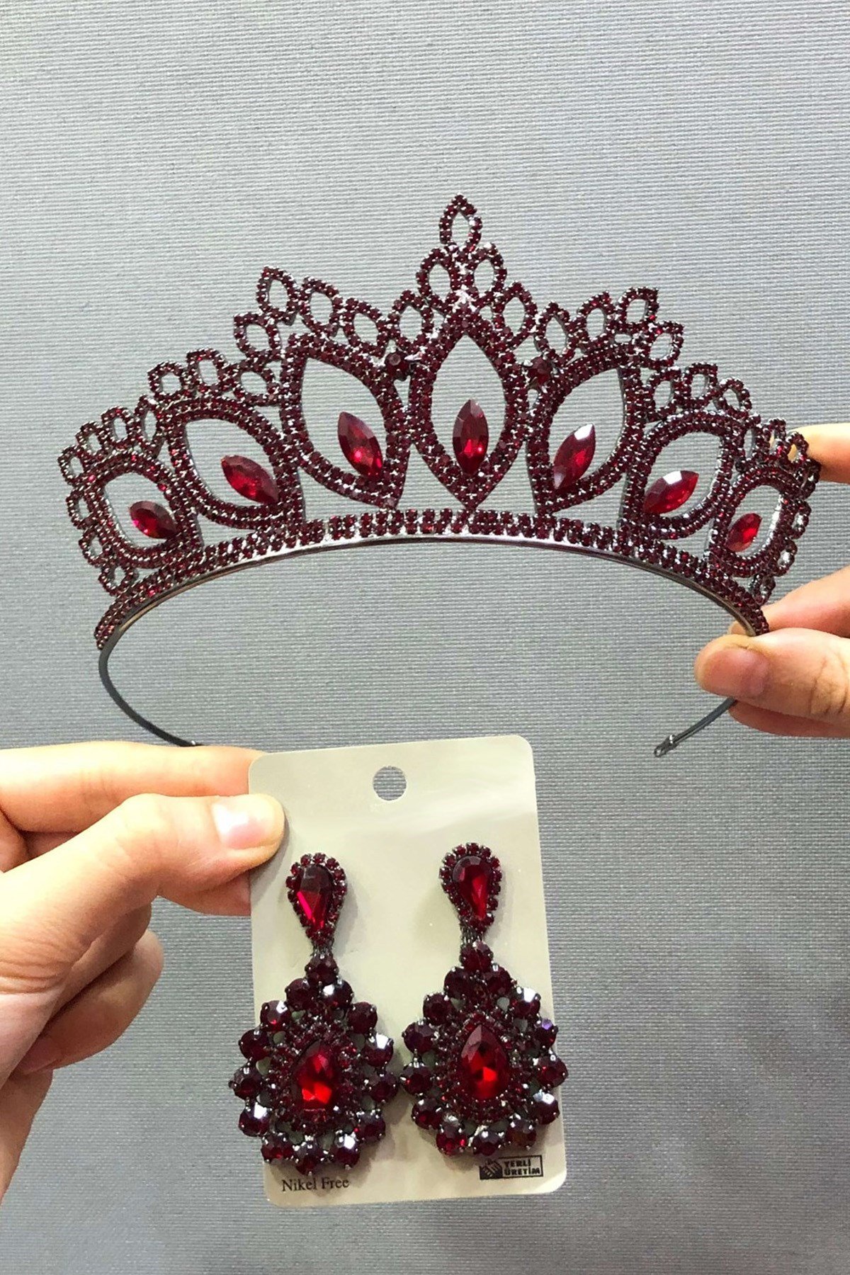 Bordo Kına Tacı ve Küpe Takım