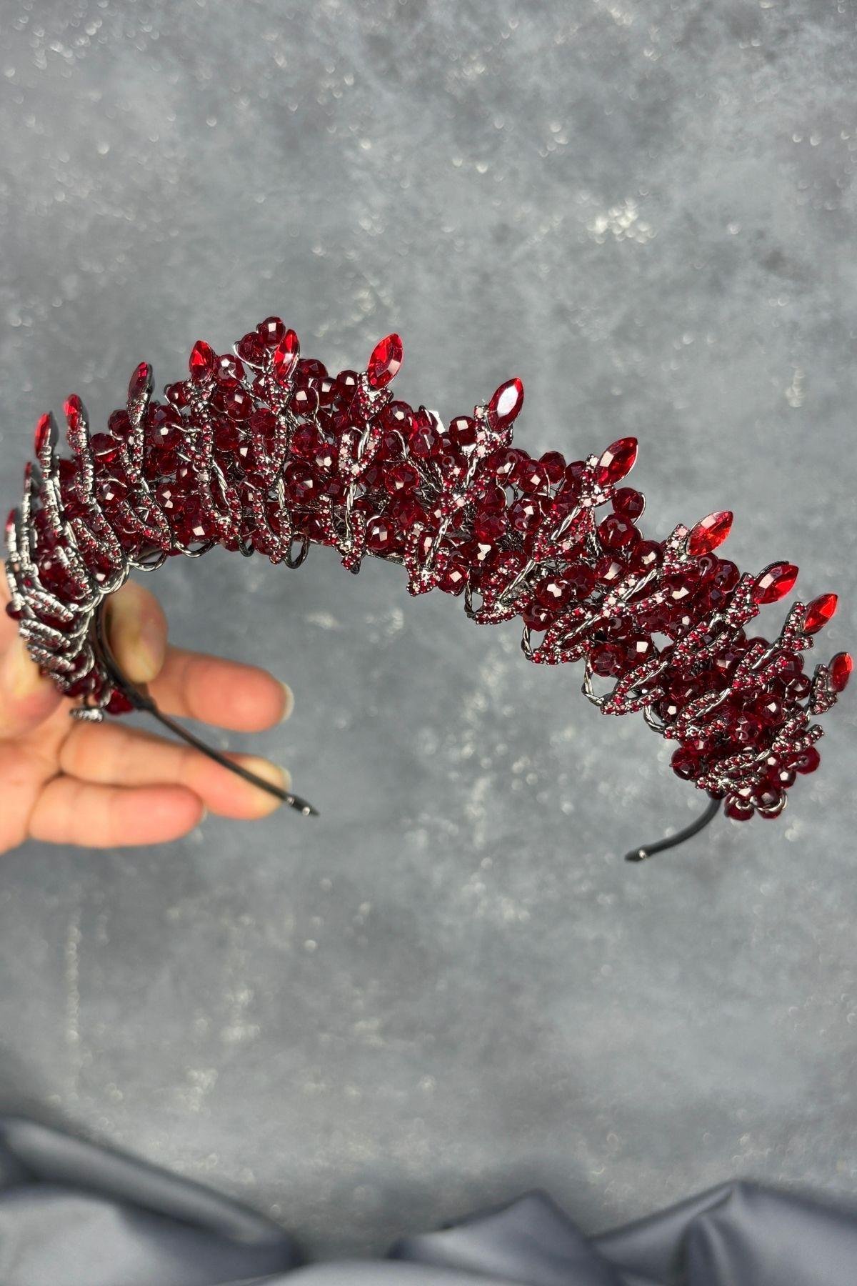 Bordo Kristal Boncuk İşlemeli Buğlem Gelin Tacı