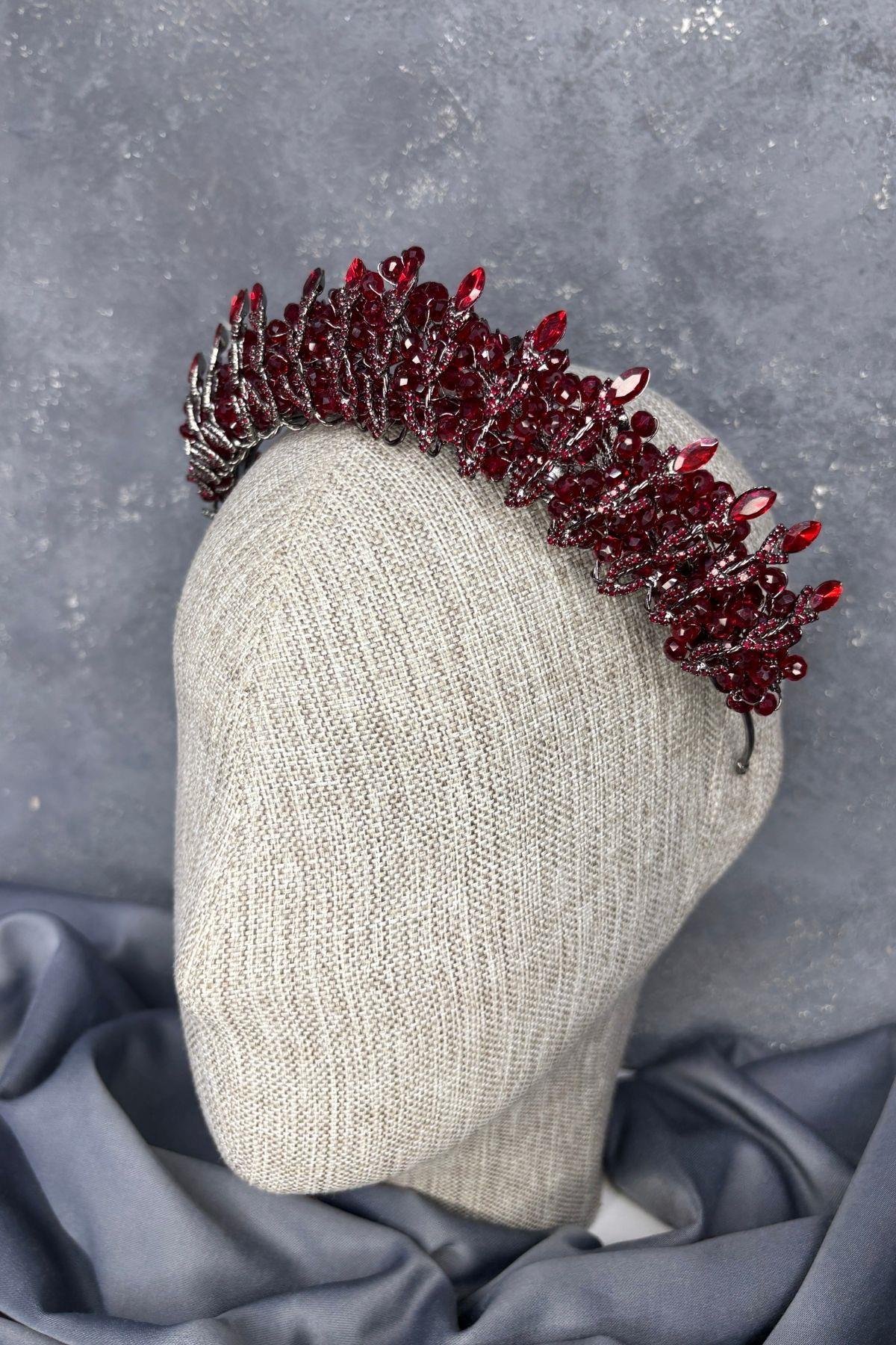 Bordo Kristal Boncuk İşlemeli Buğlem Gelin Tacı