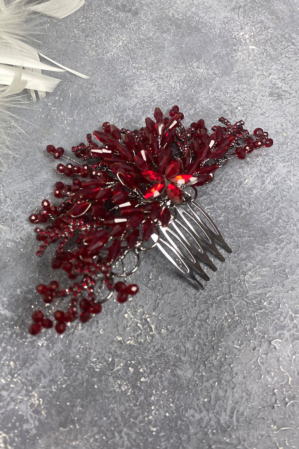 Bordo Kristal İşlemeli Yan Tarak Toka Gelin Saç Aksesuarı