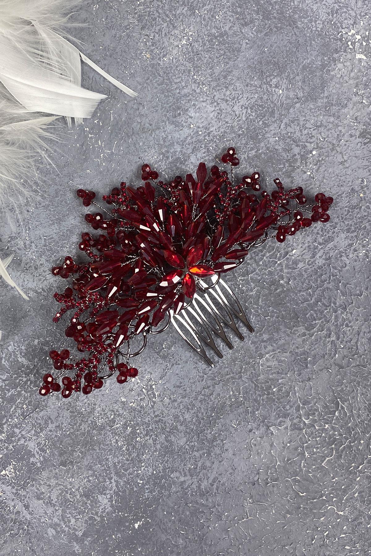 Bordo Kristal İşlemeli Yan Tarak Toka Gelin Saç Aksesuarı