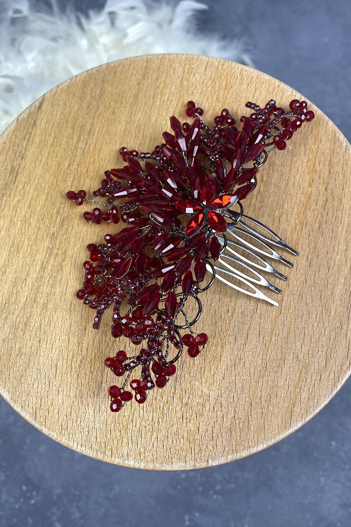Bordo Kristal İşlemeli Yan Tarak Toka Gelin Saç Aksesuarı