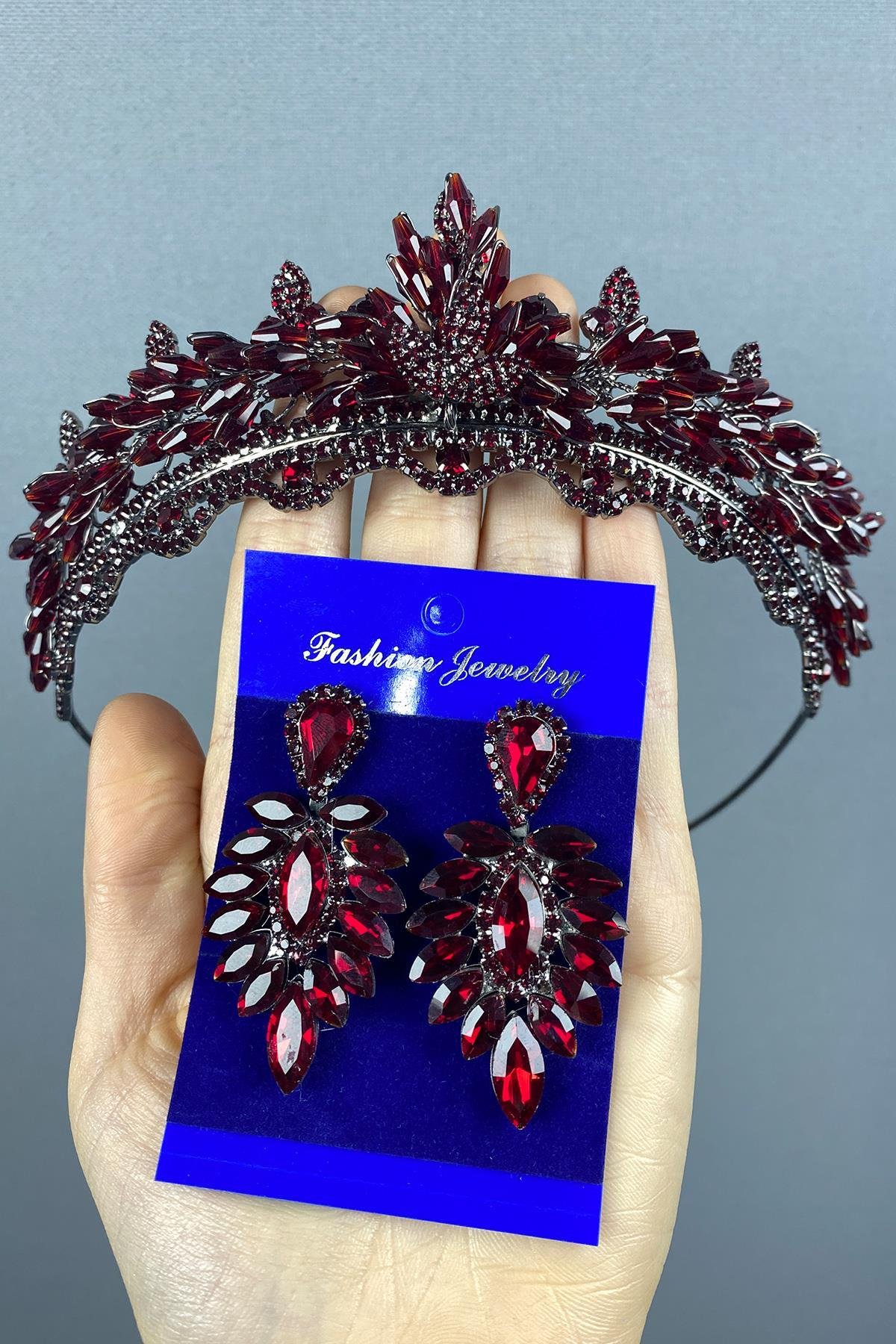 Bordo Lena Kristalli Gelin Kına Tacı Ve Küpe Seti