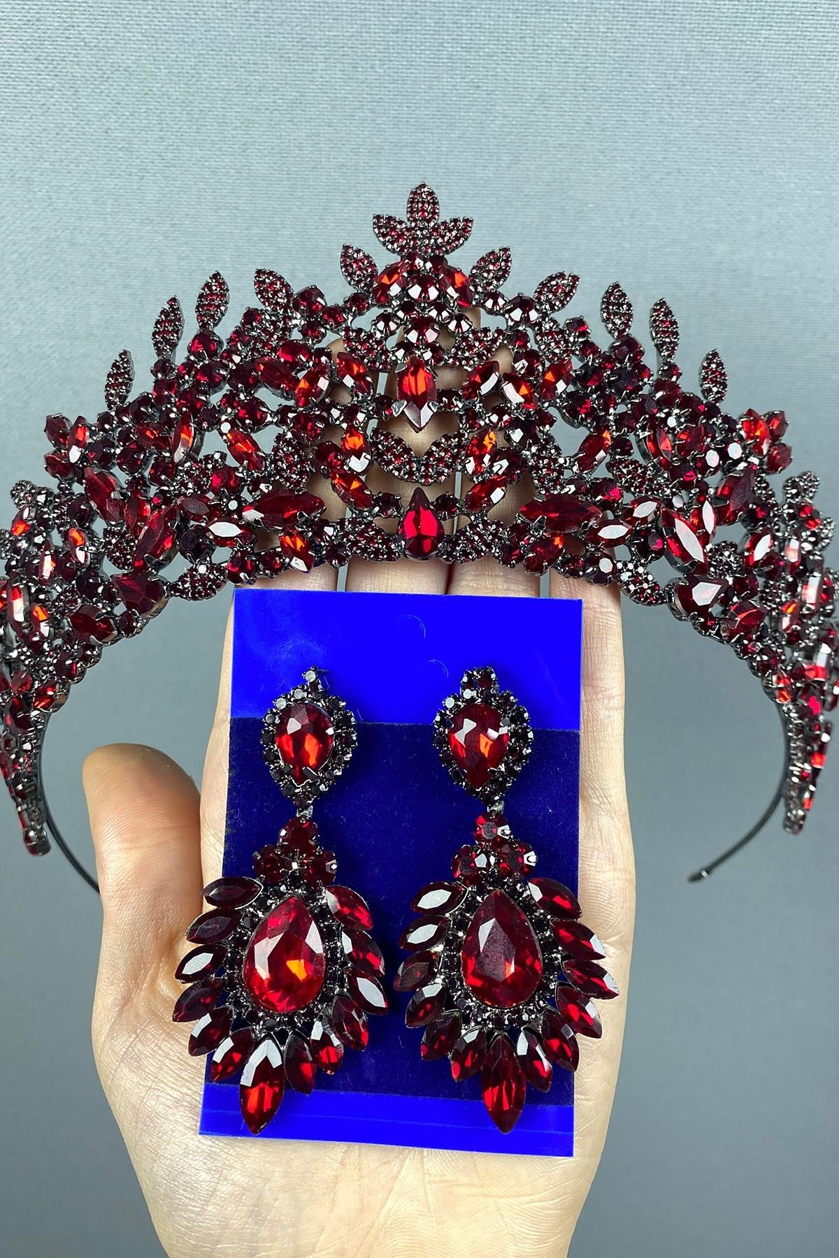 Bordo Oscar Gelin Kına Tacı Ve Mekikli Küpe Seti