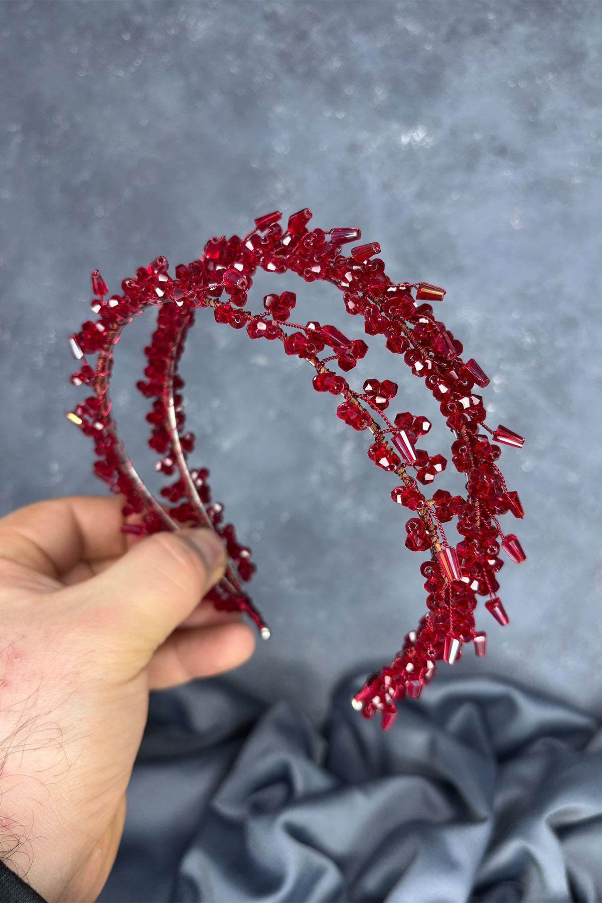 Bordo Sare Model Çift Sıra Gelin Kına Tacı Saç Aksesuarı