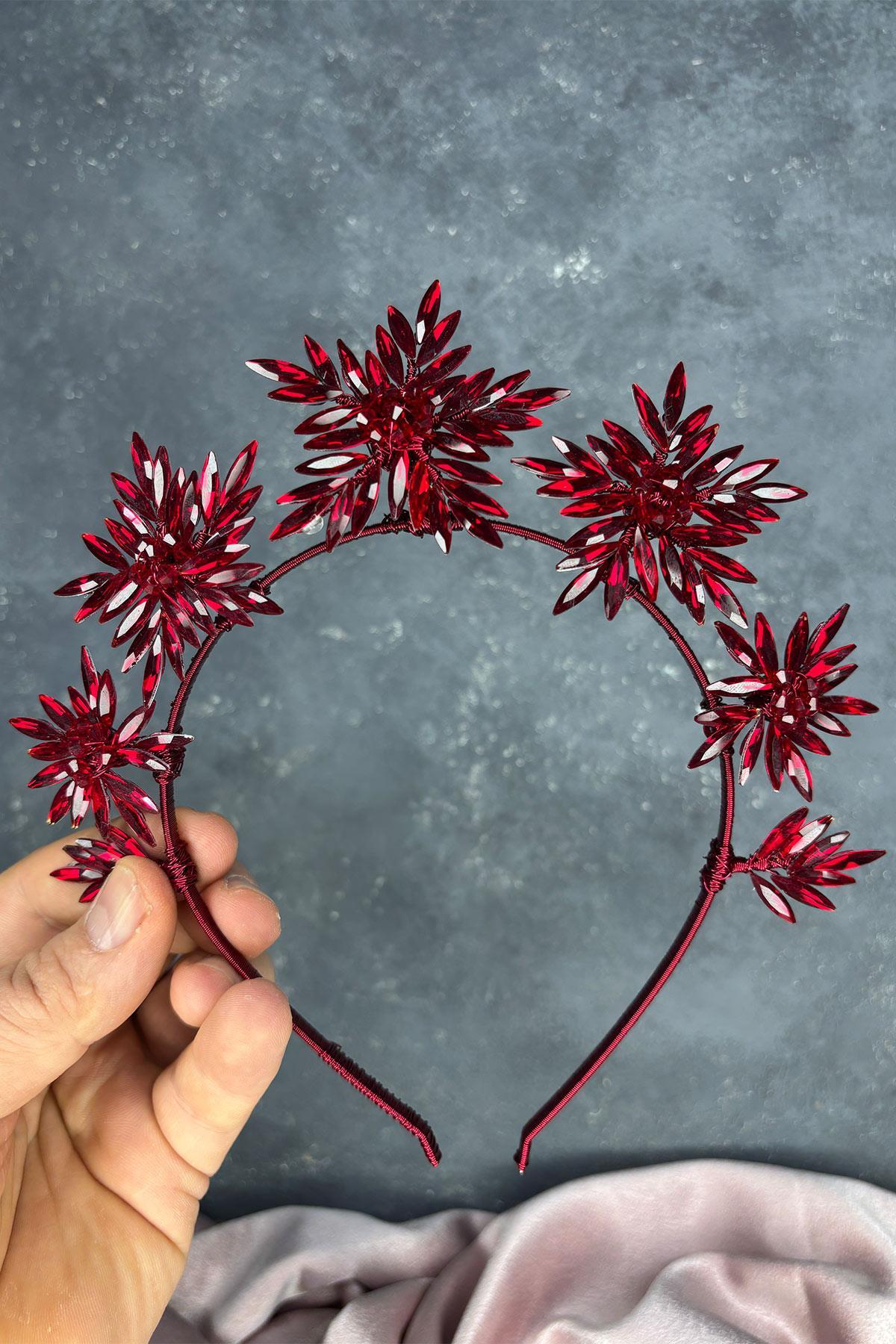 Bordo Star Taşlı Gelin Kına Tacı Ve Gelin Saç Aksesuarı
