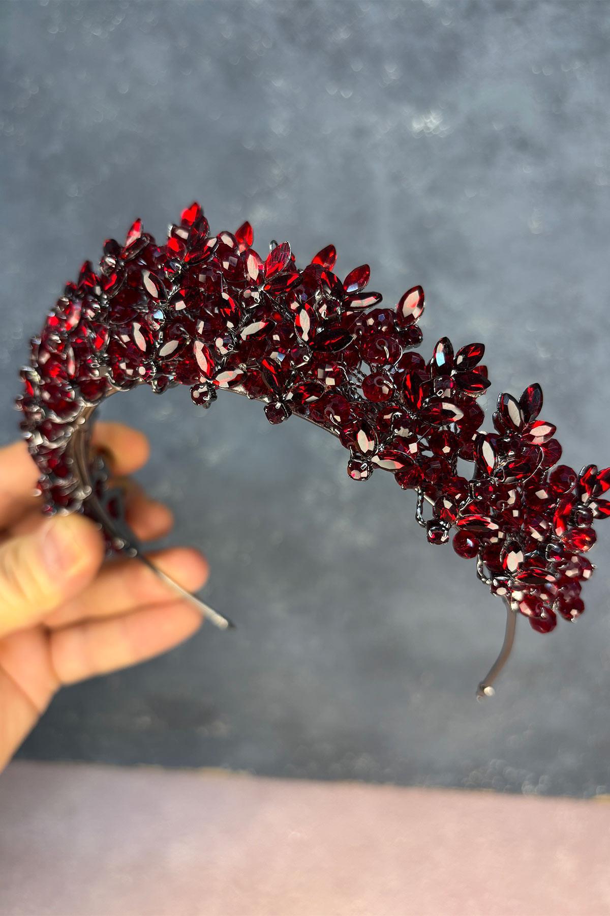 Bordo Umay Boncuk İşlemeli Gelin Kına Tacı