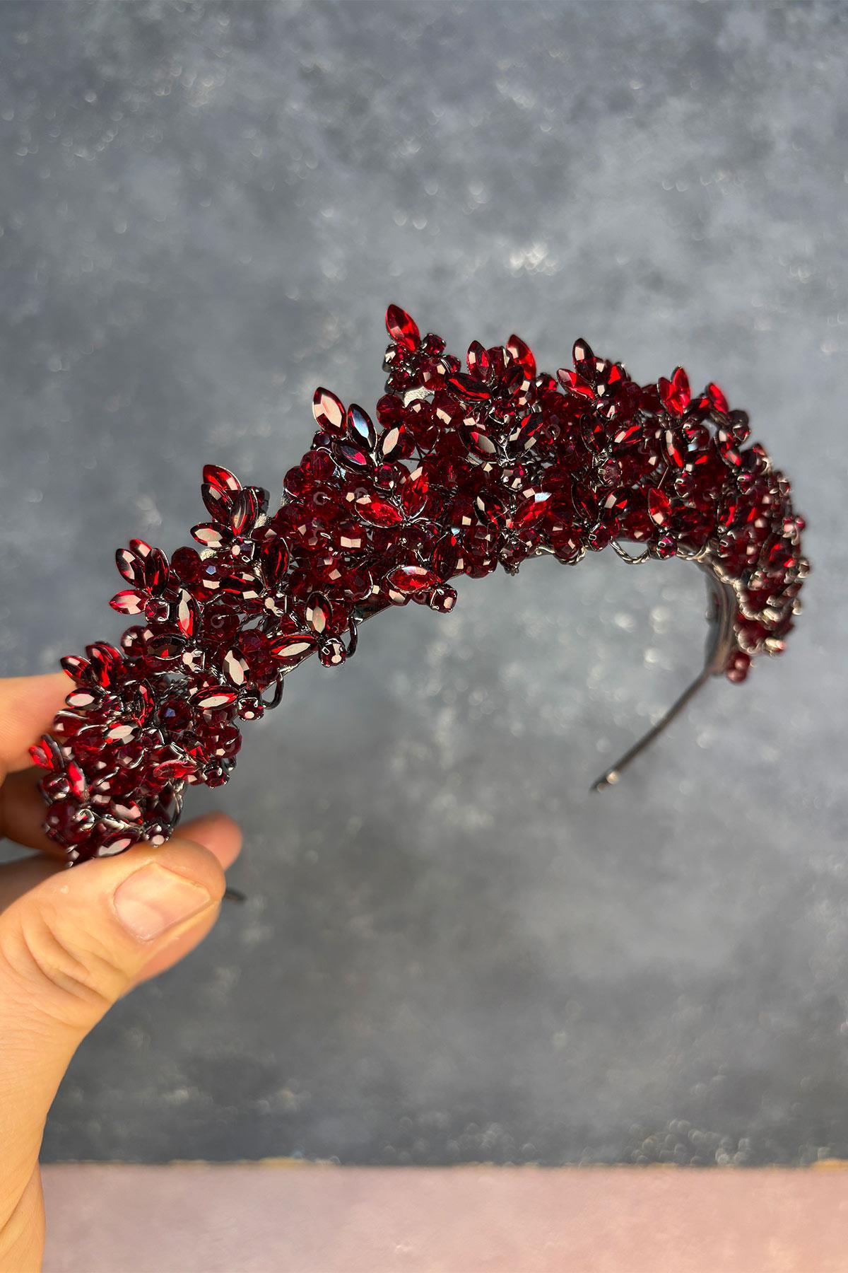 Bordo Umay Boncuk İşlemeli Gelin Kına Tacı