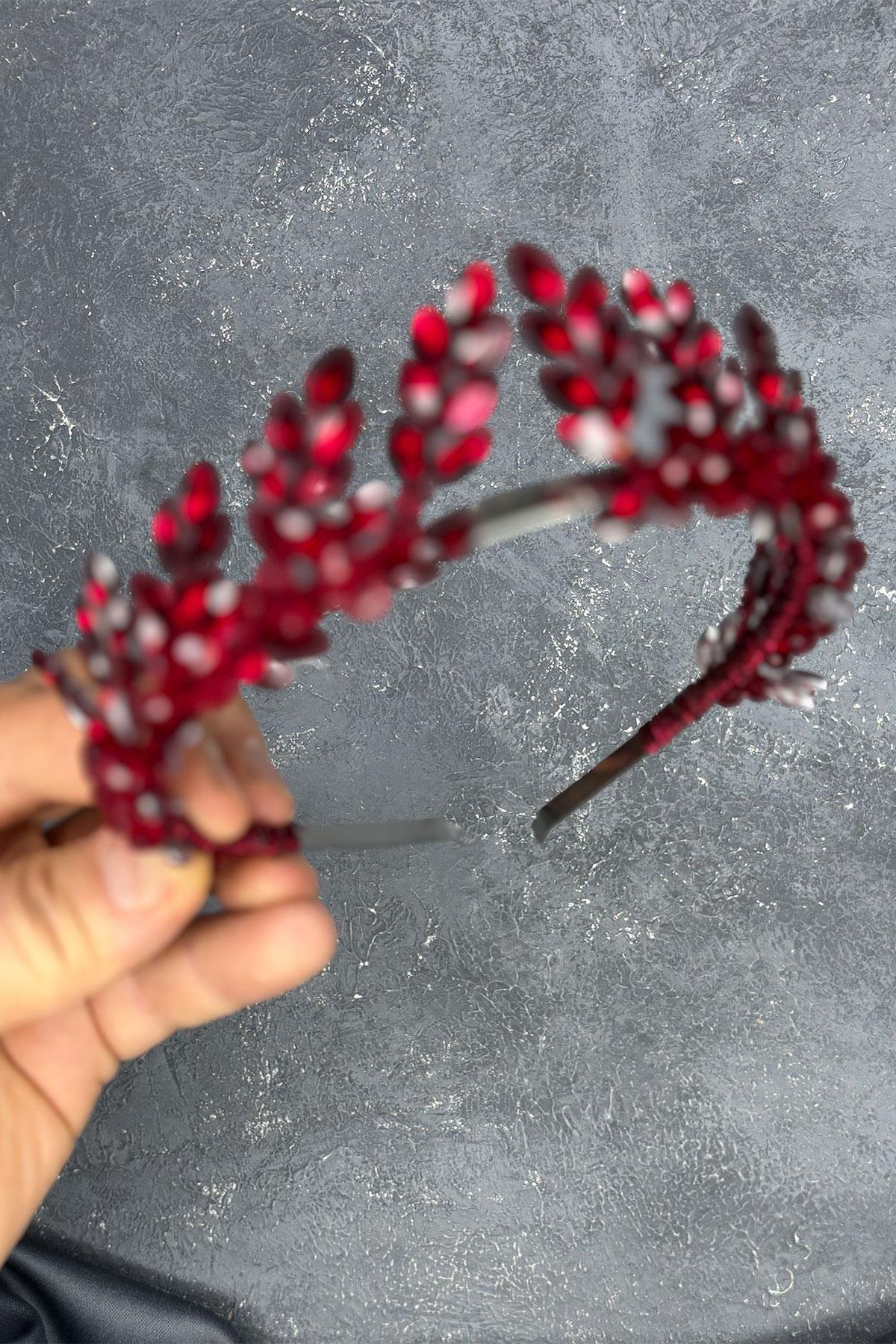 Bordo Venüs Yaprak Tasarım Gelin Kına Tacı Saç Aksesuarı