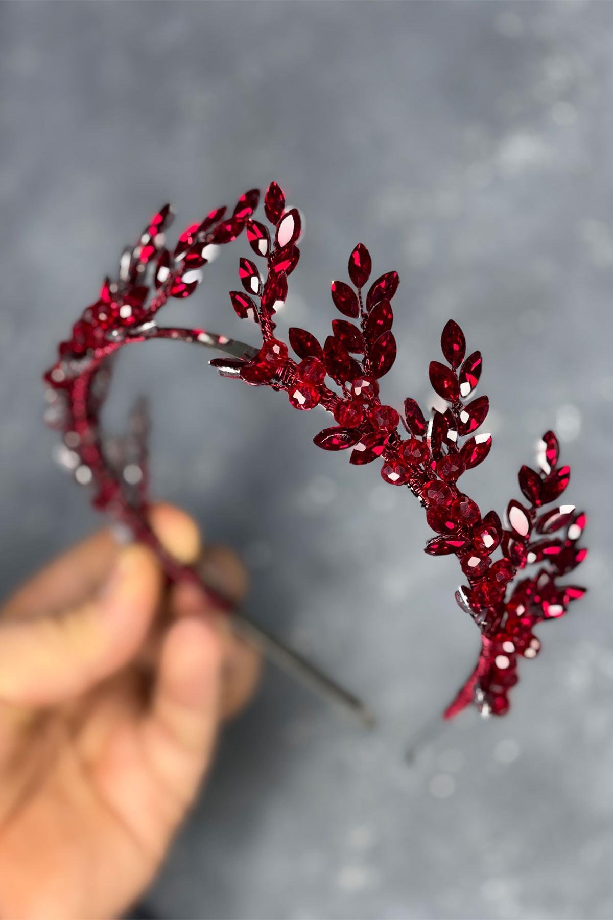 Bordo Venüs Yaprak Tasarım Gelin Kına Tacı Saç Aksesuarı