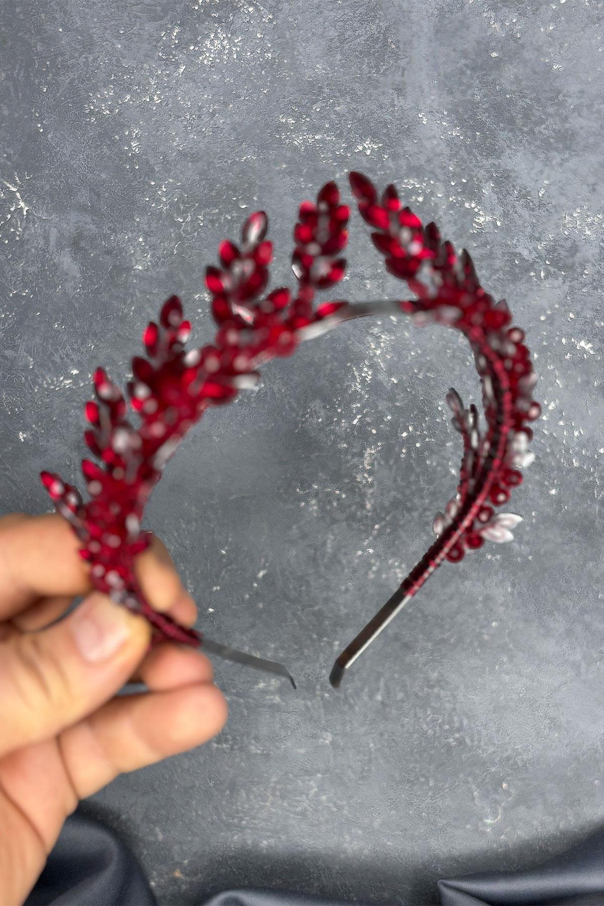 Bordo Venüs Yaprak Tasarım Gelin Kına Tacı Saç Aksesuarı