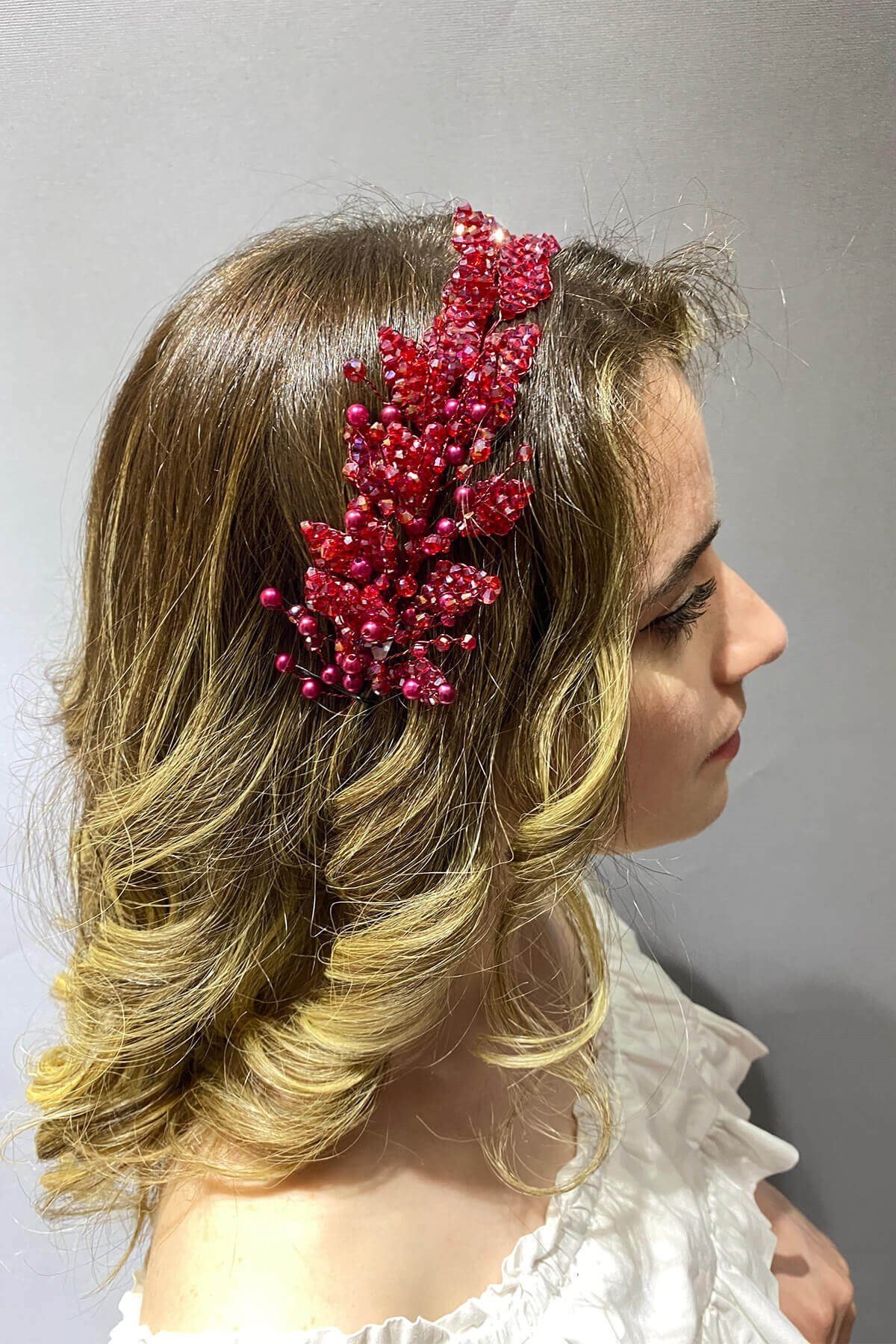 Bordo Yaprak Model Boncuklu Saç ve Türban Aksesuarı