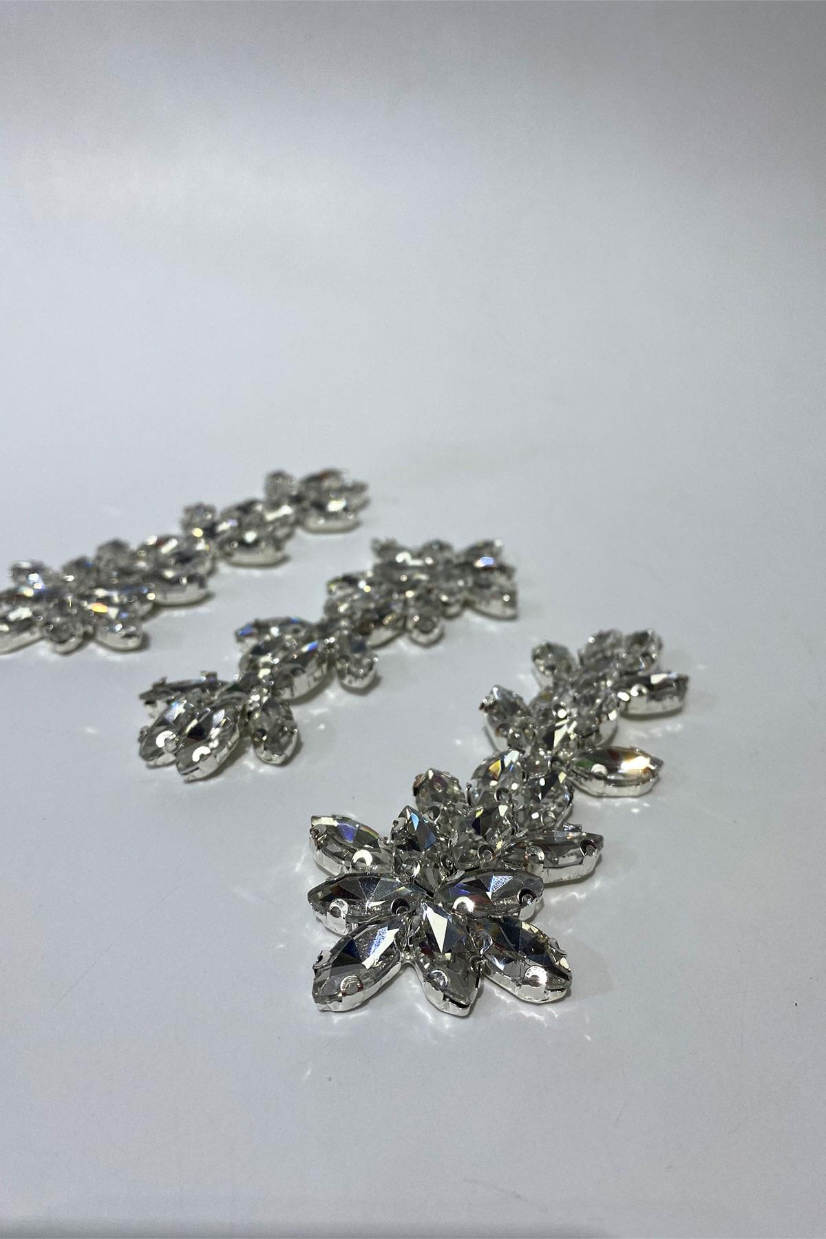 Gümüş Yaprak Desen Mekik Cam Aplik Taşlı Motif