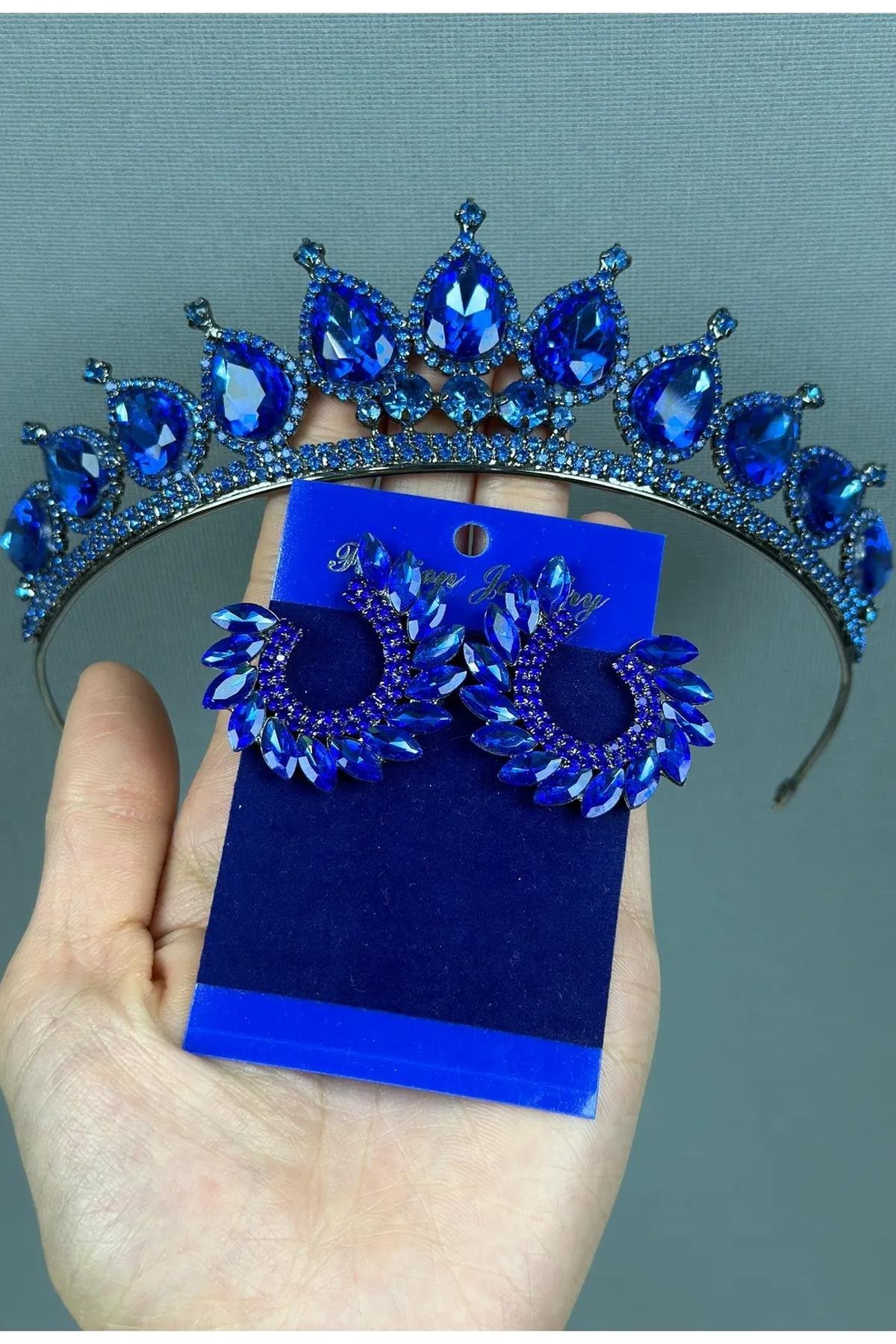 Neri Model Düğün Kına Kostüm Tacı ve Yaprak Küpe Seti Sax Blue
