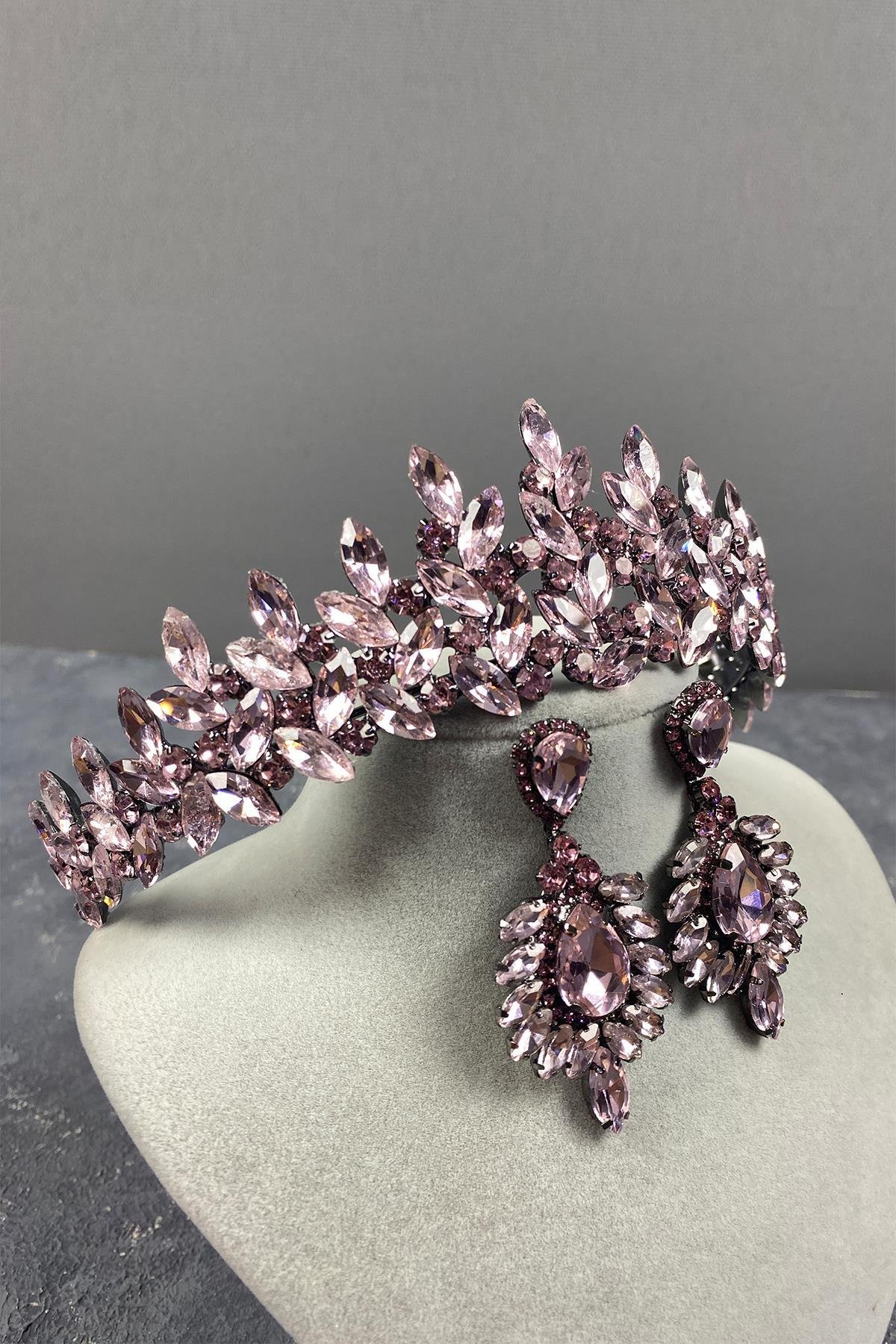 Pembe  Subra Gelin Kına Tacı Ve Mekik Taşlı Küpe Seti
