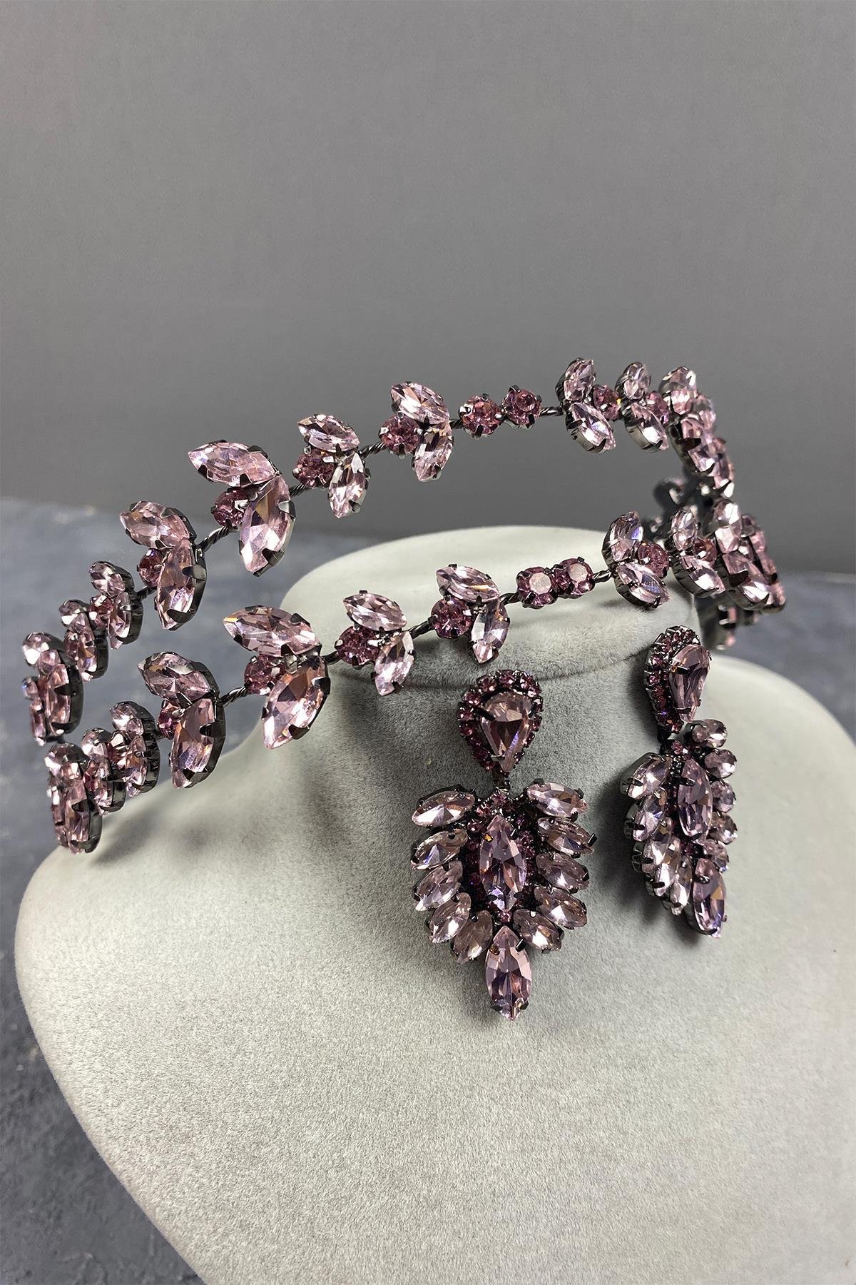 Pembe Alfa Çift Sıra Gelin Kına Tacı Ve Mekikli Küpe Seti