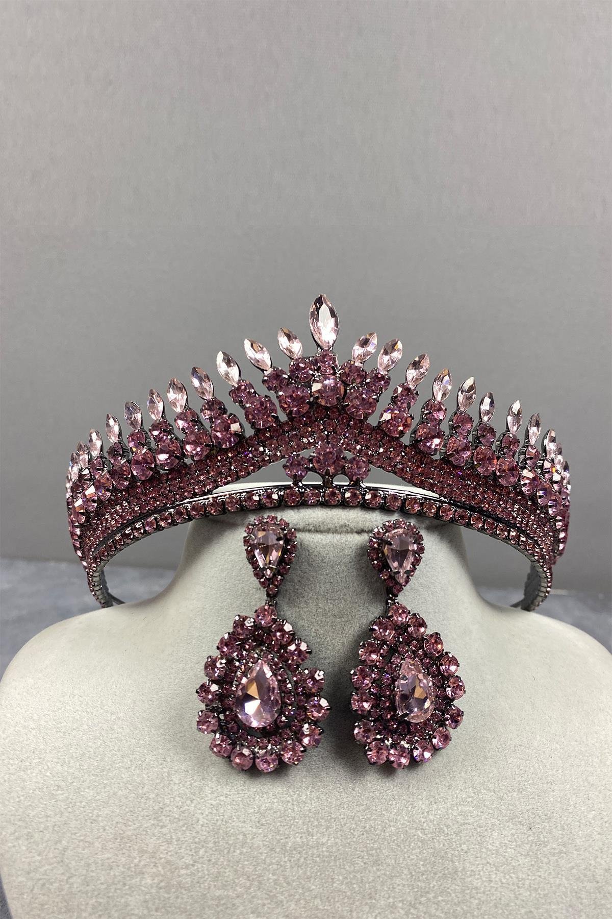 Pembe Anteras Gelin Kına Tacı Ve Küpe Seti