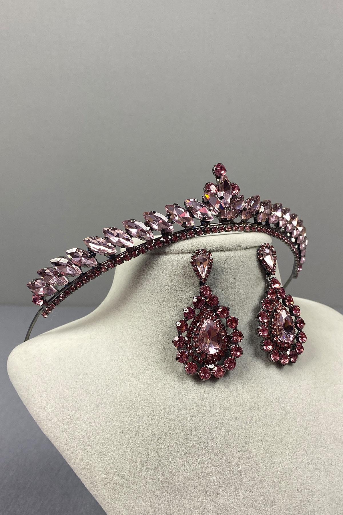 Pembe Ece Gelin Kına Tacı Ve Damla Taşlı Küpe Seti