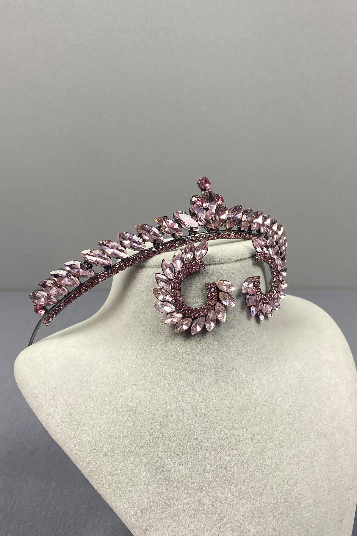 Pembe Ece Gelin Kına Tacı Ve Yuvarlak Taşlı Küpe Seti