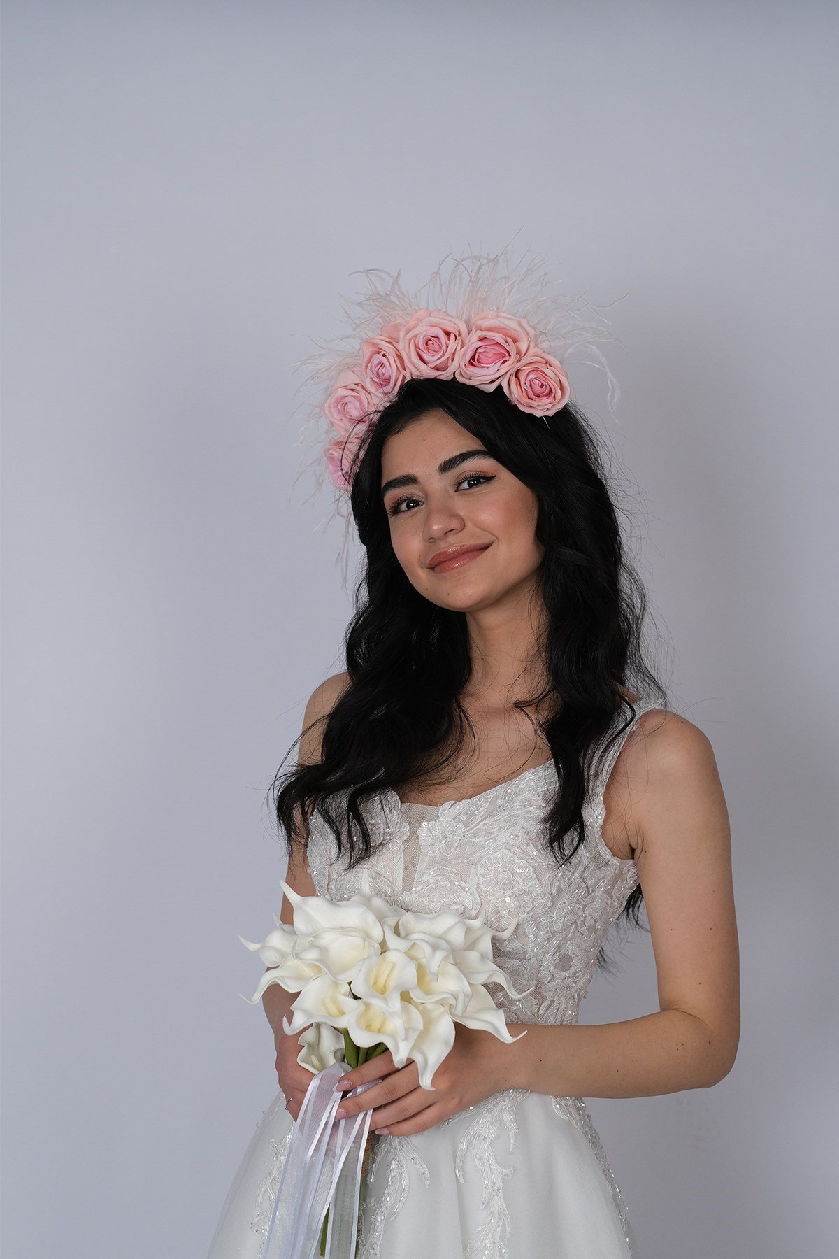 Pembe Kadife Güllü Tüylü Tasarım Gelin Kına Tacı