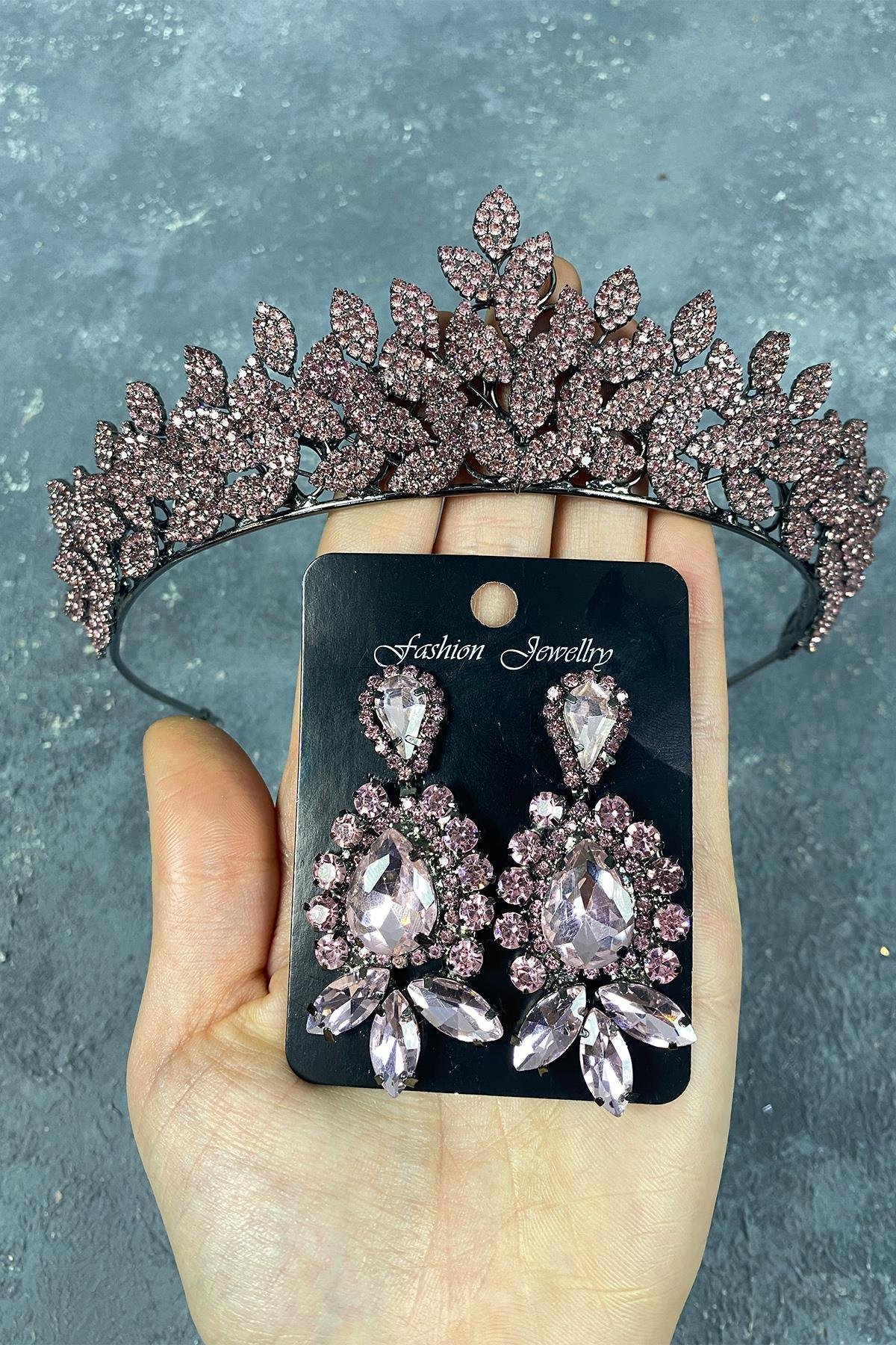 Pembe Sara Sık Taşlı Gelin Kına Tacı Ve Küpesi