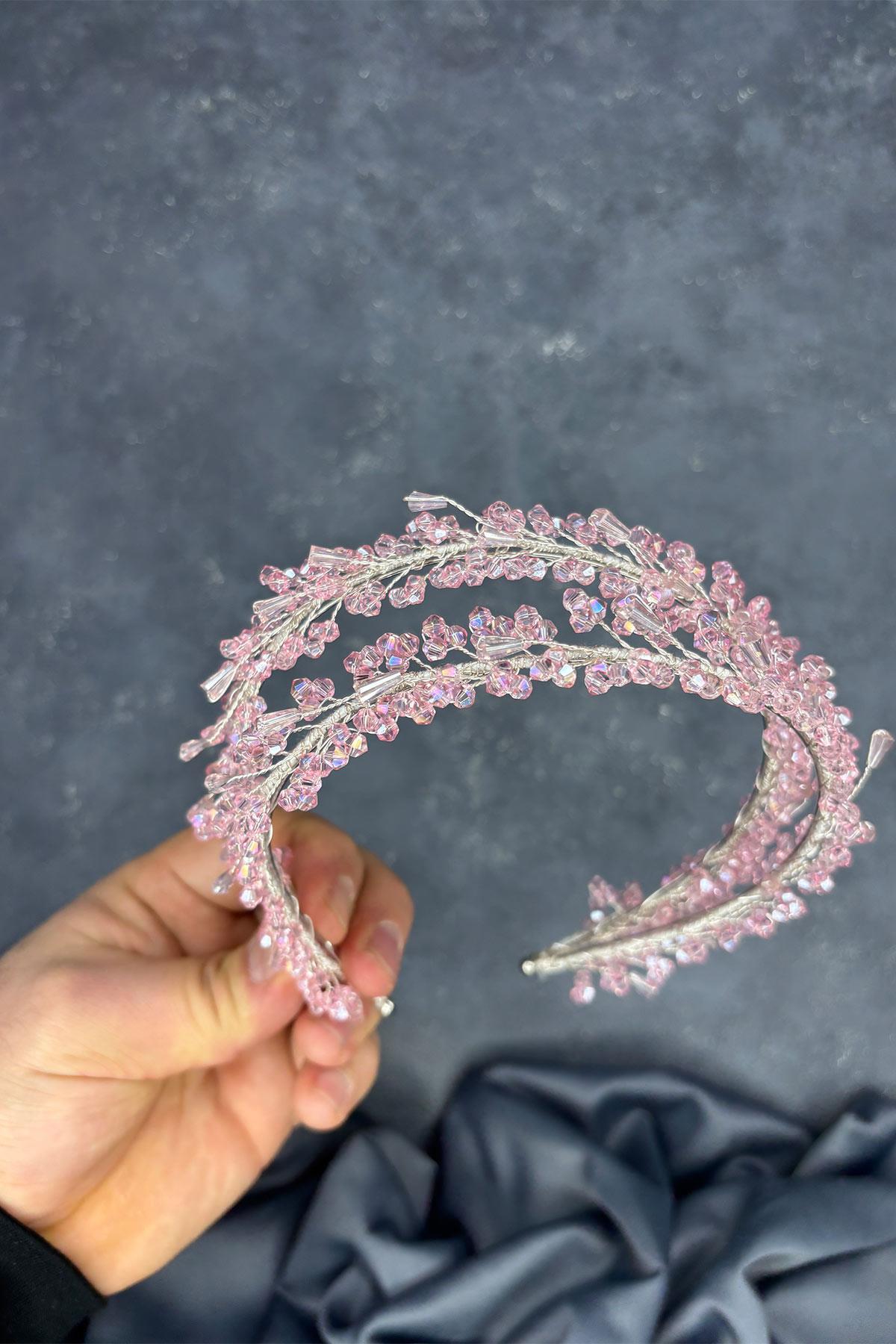 Pembe Sare Model Çift Sıra Gelin Kına Tacı Saç Aksesuarı