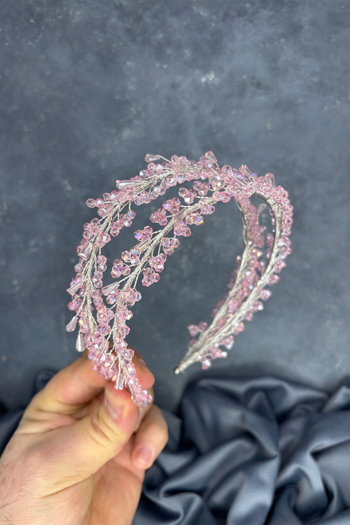 Pembe Sare Model Çift Sıra Gelin Kına Tacı Saç Aksesuarı